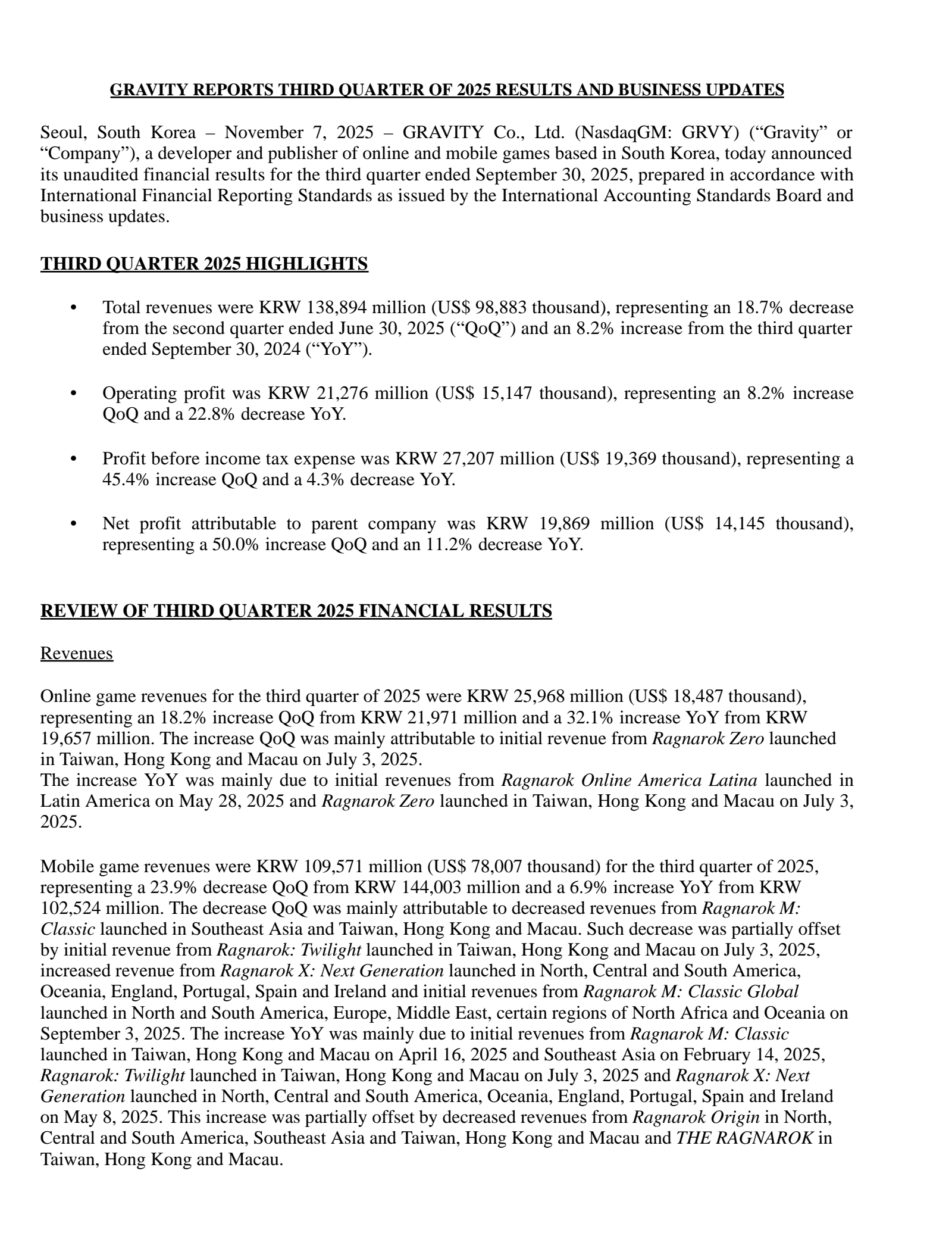 GRAVITY's Q3 2025 Earnings Release