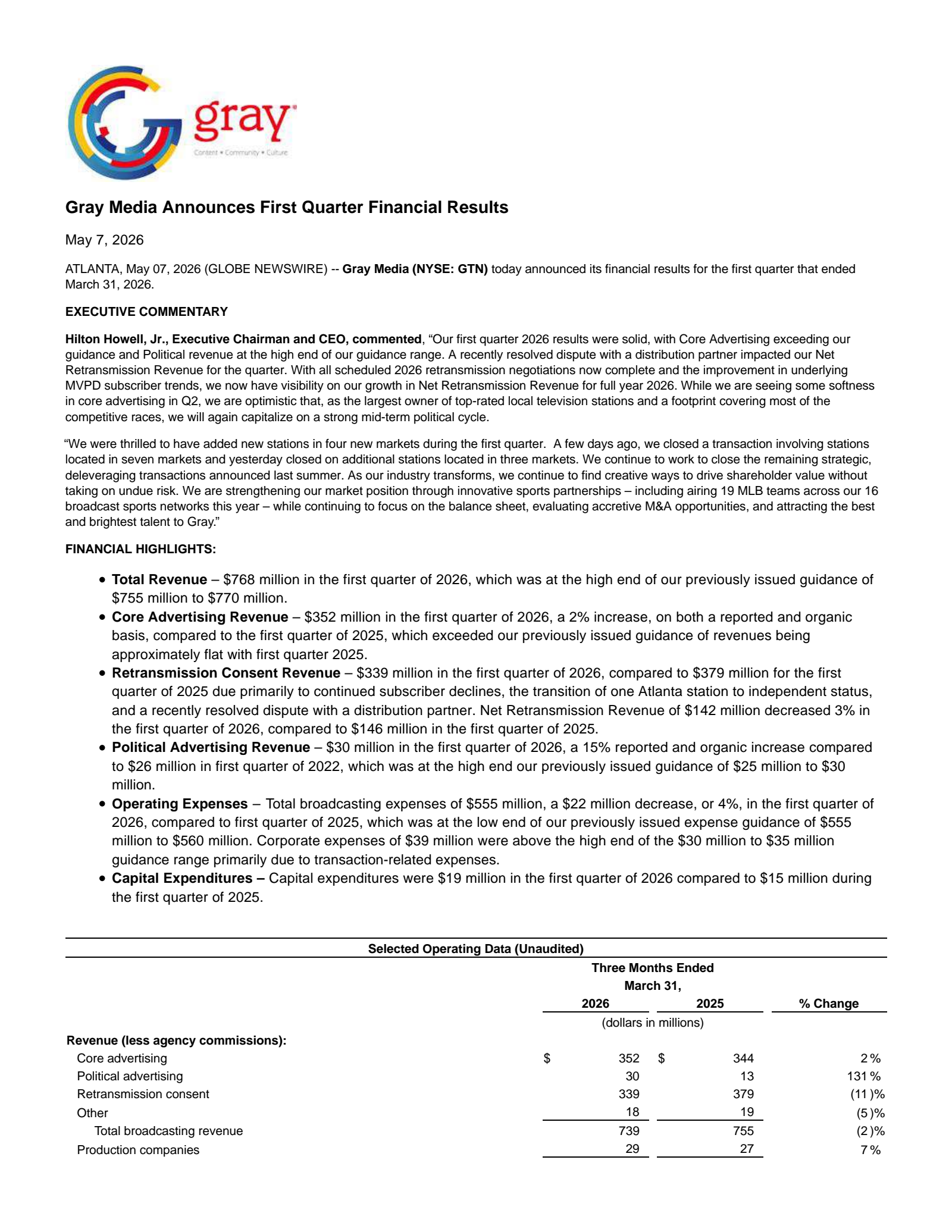Gray Media's Q1 2026 Press Release