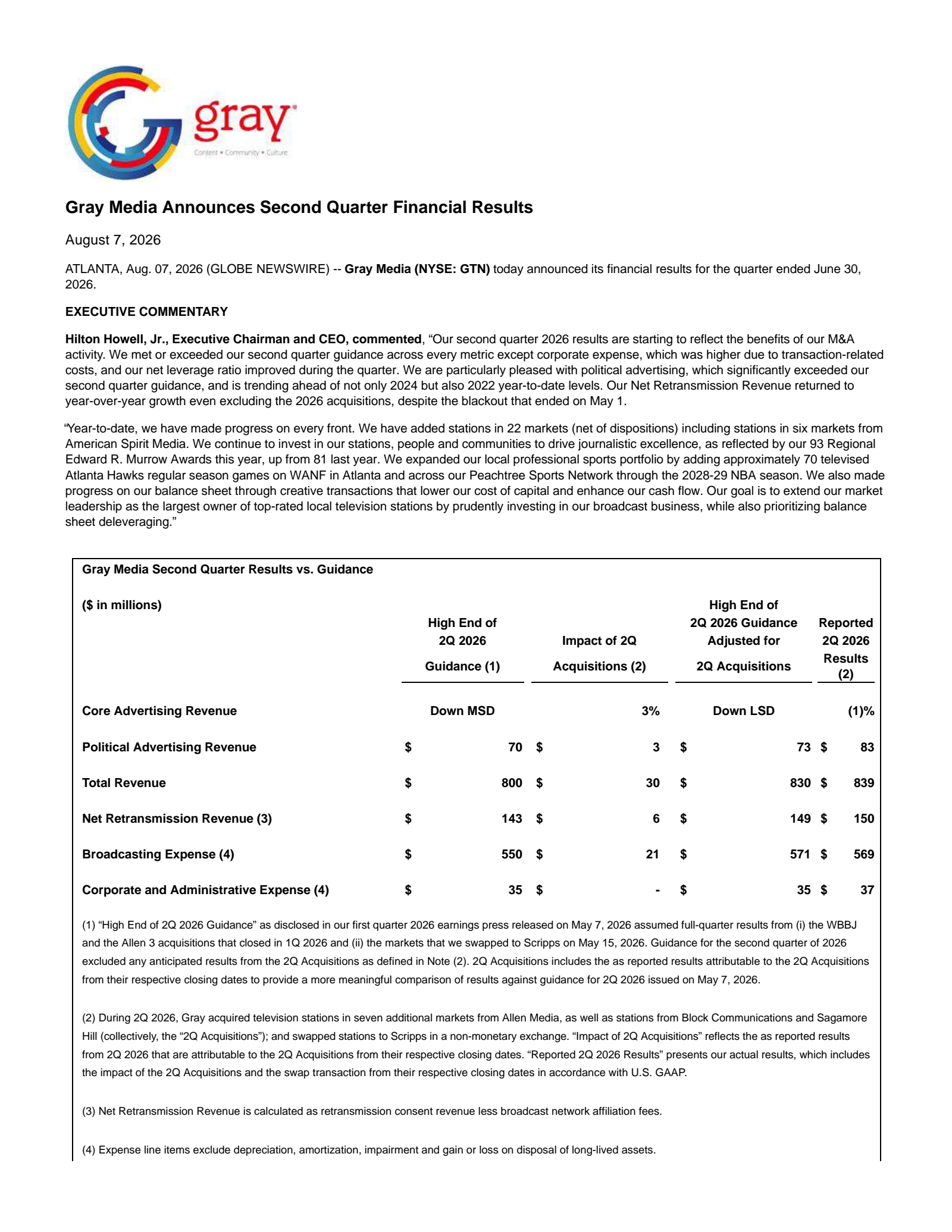 Gray Media's Q2 2026 Press Release