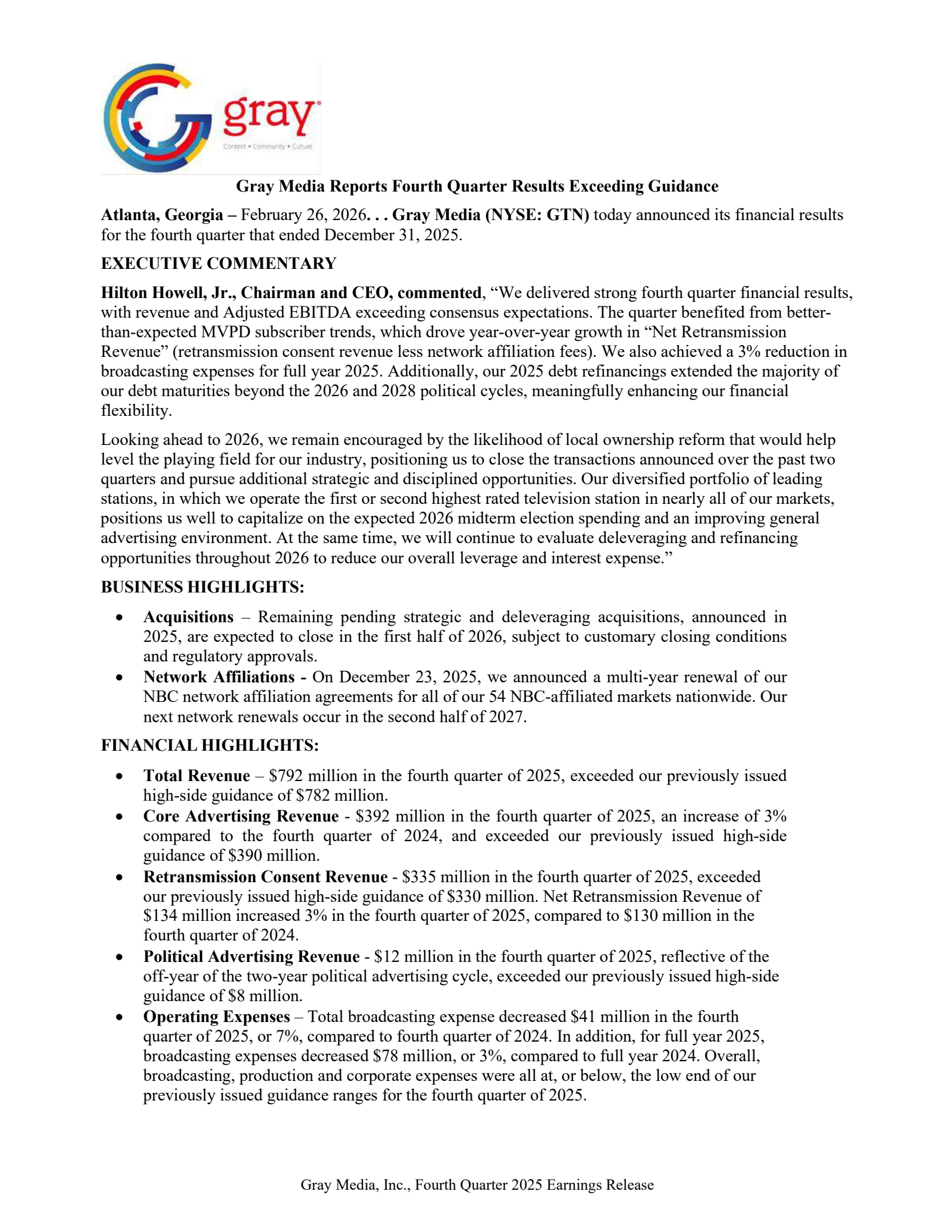Gray Media's Q4 2025 Press Release