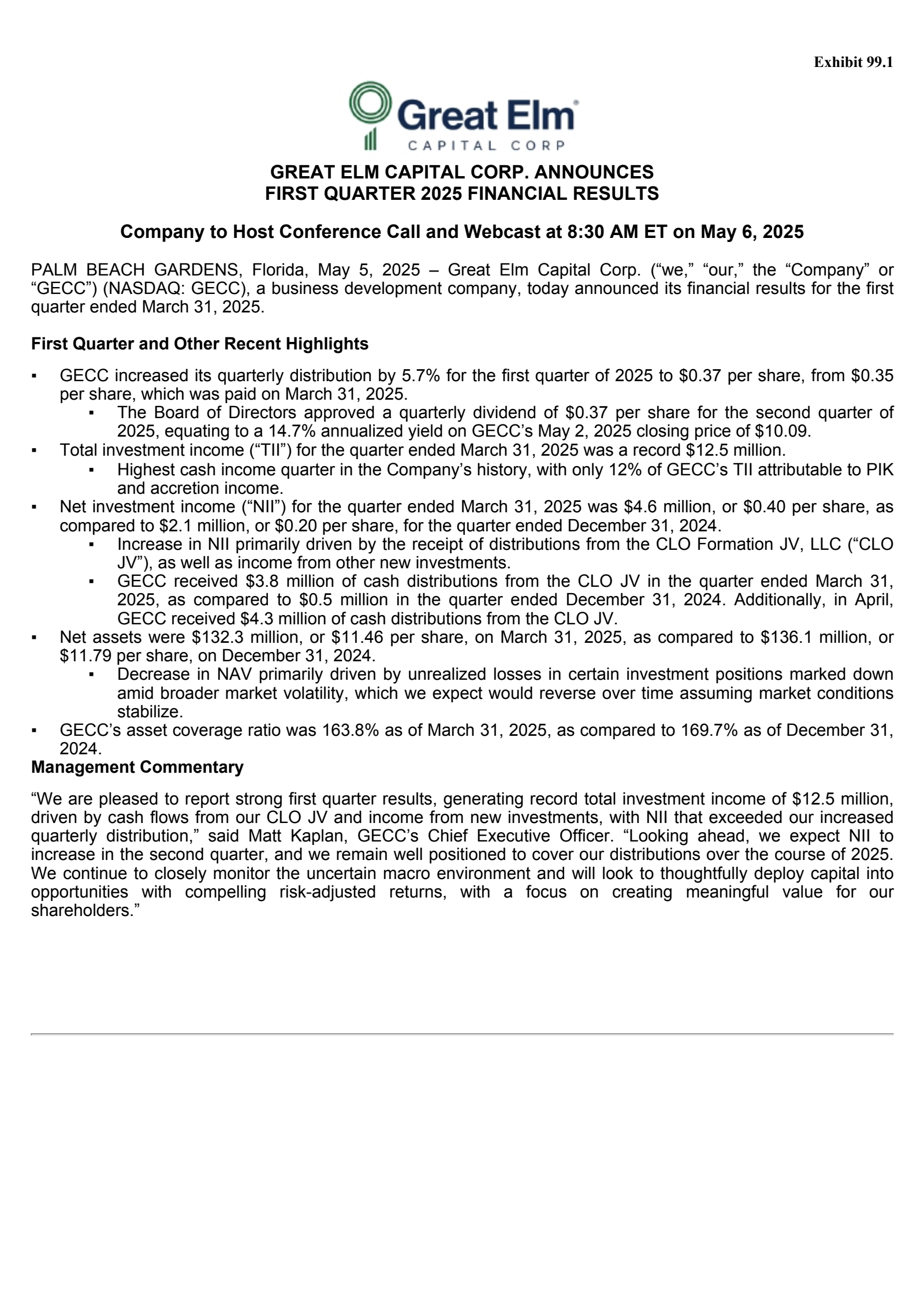 Great Elm Capital Group's Q1 2025 Press Release