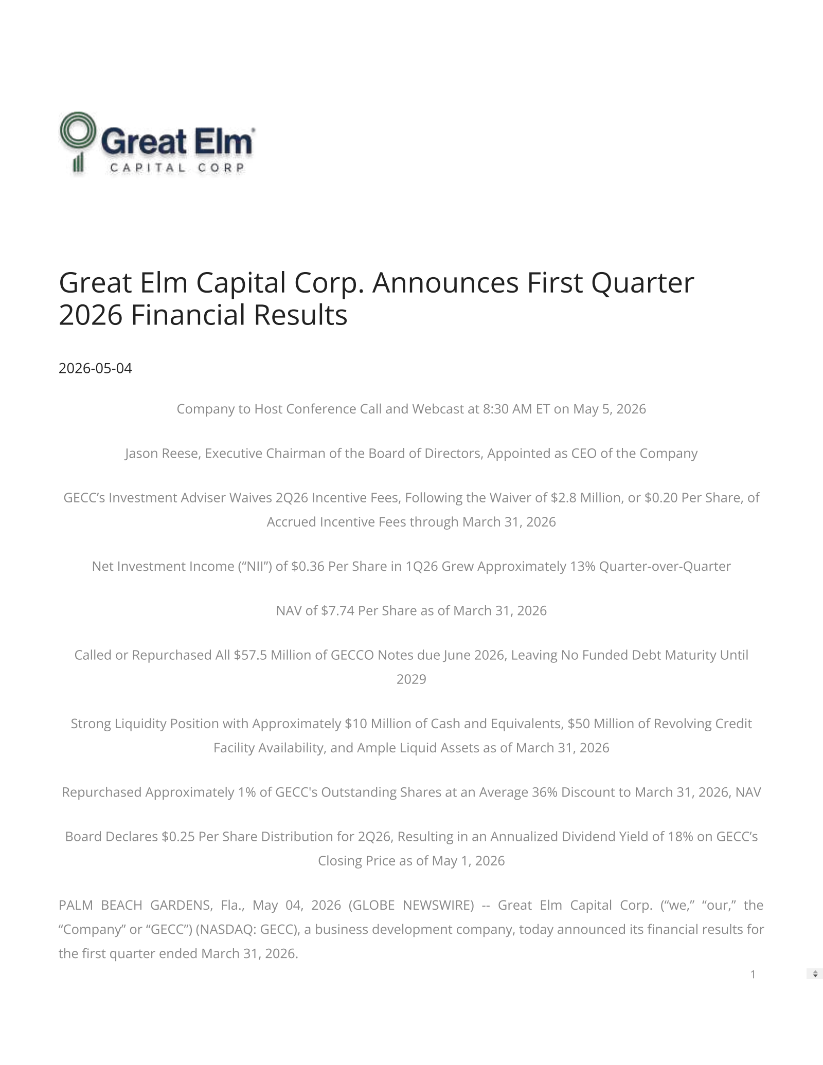 Great Elm Capital Group's Q1 2026 Press Release