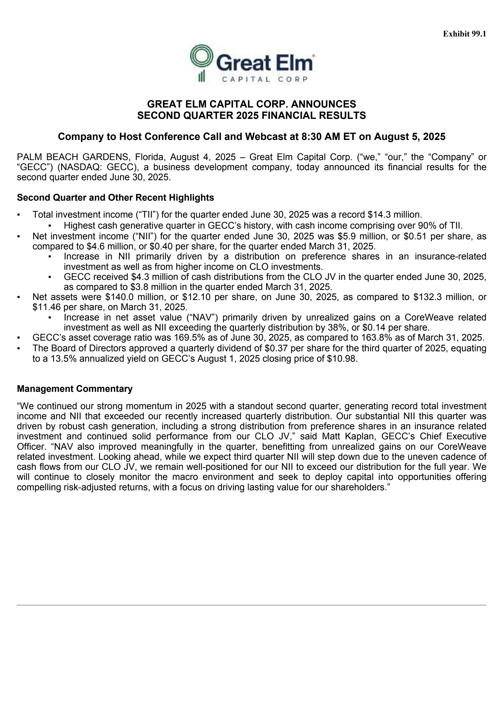 Great Elm Capital Group's Q2 2025 Press Release