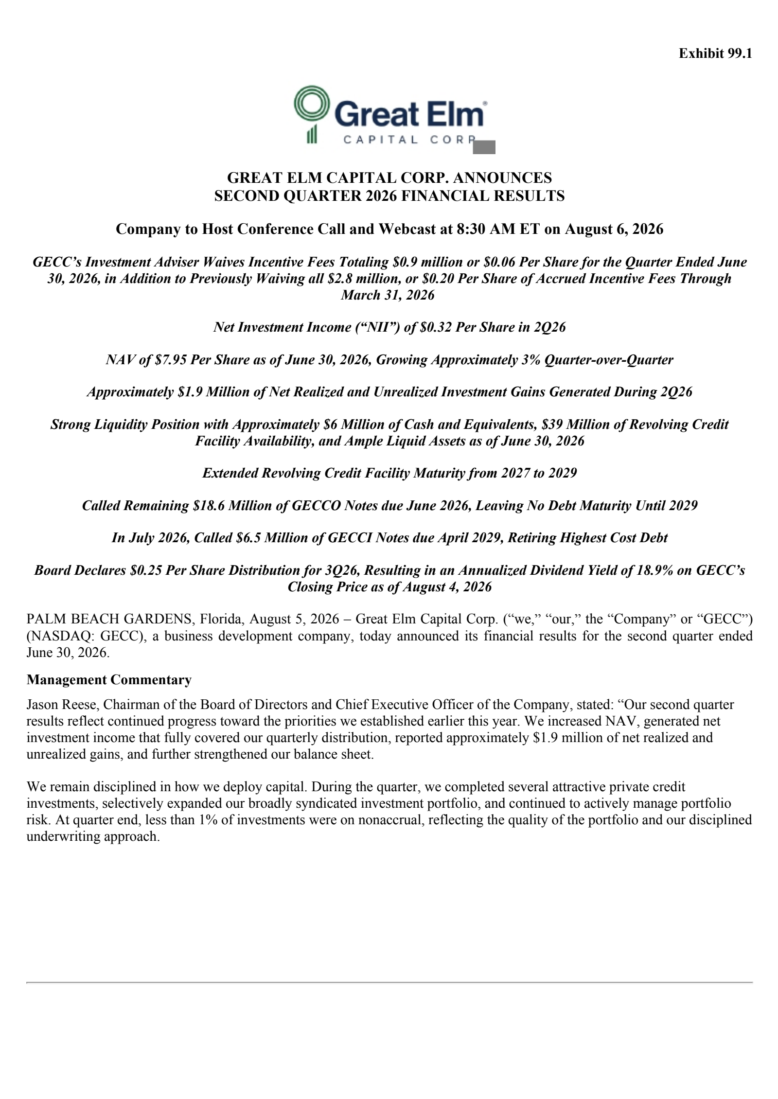 Great Elm Capital Group's Q2 2026 Press Release