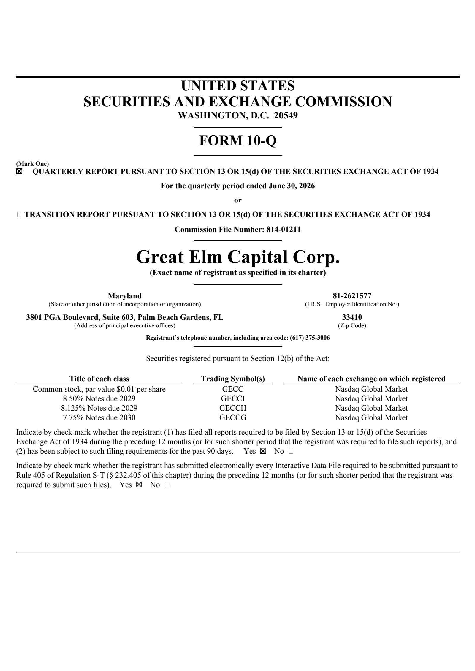 Great Elm Capital Group's Q2 2026 Quarterly report