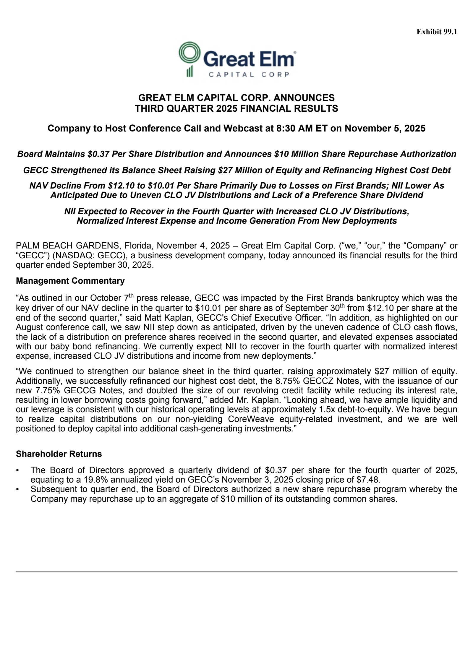 Great Elm Capital Group's Q3 2025 Earnings Release