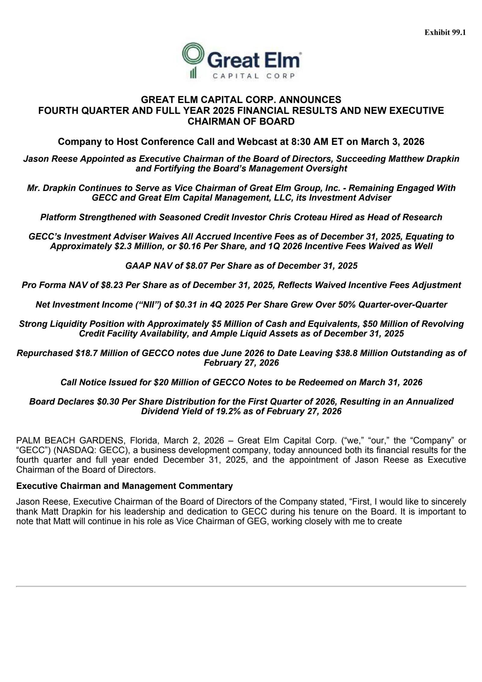 Great Elm Capital Group's Q4 2025 Press Release
