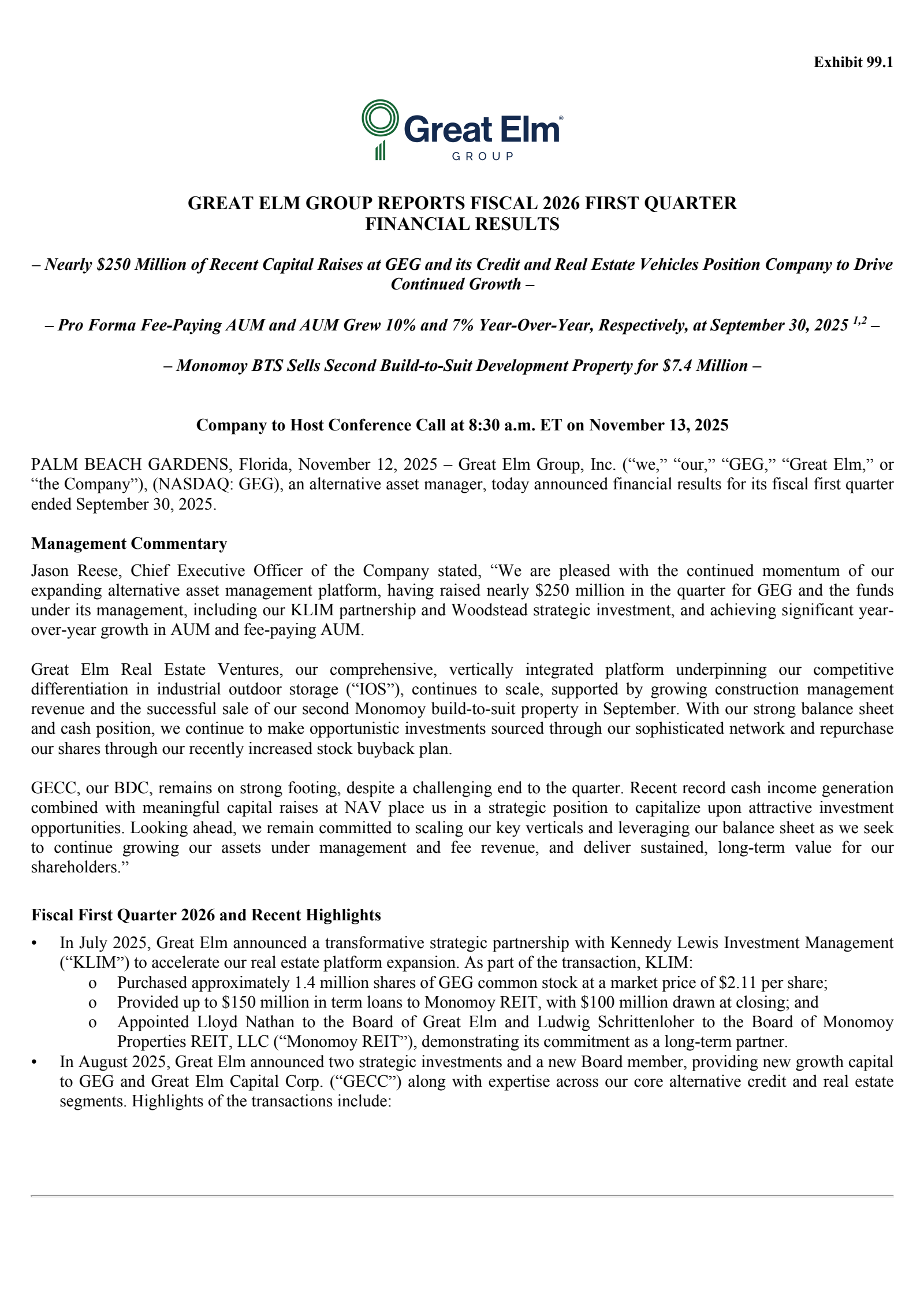 Great Elm Group's Q1 2026 Earnings Release