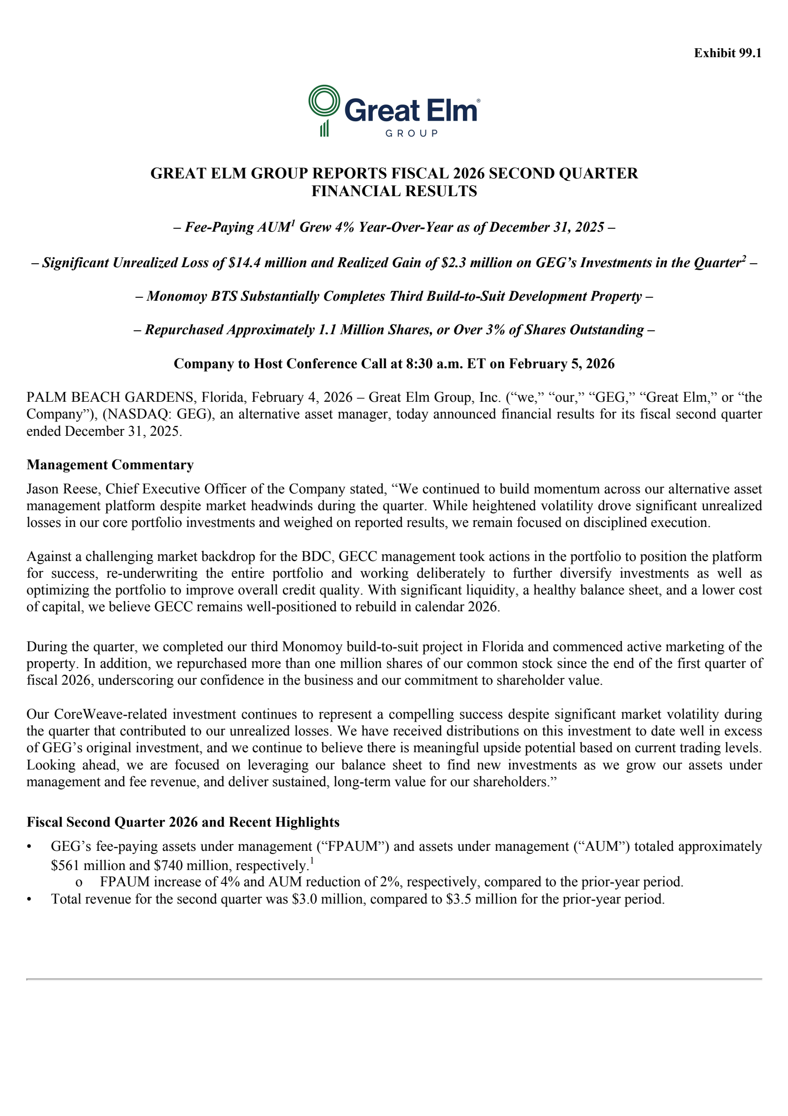 Great Elm Group's Q2 2026 Press Release