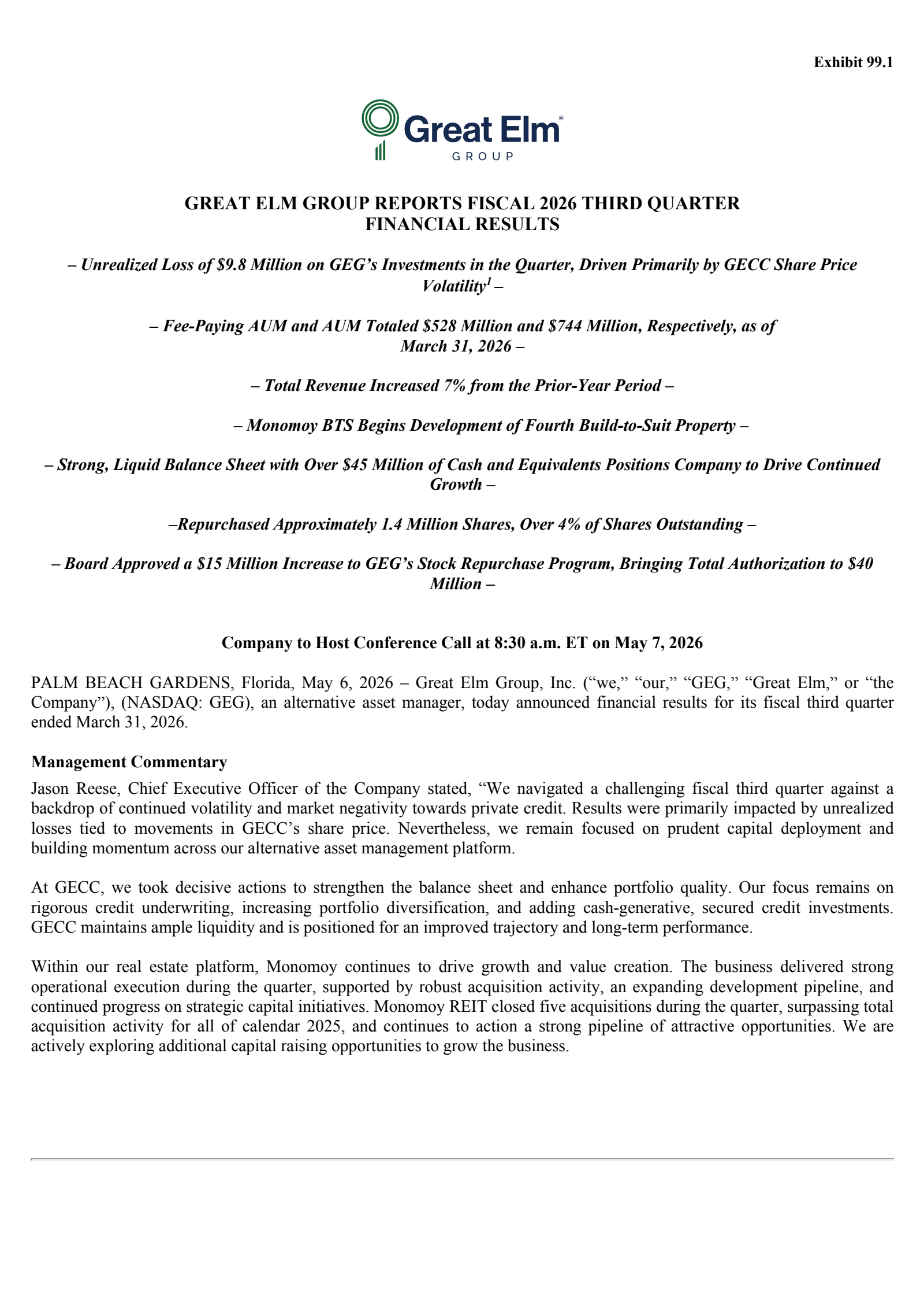 Great Elm Group's Q3 2026 Press Release