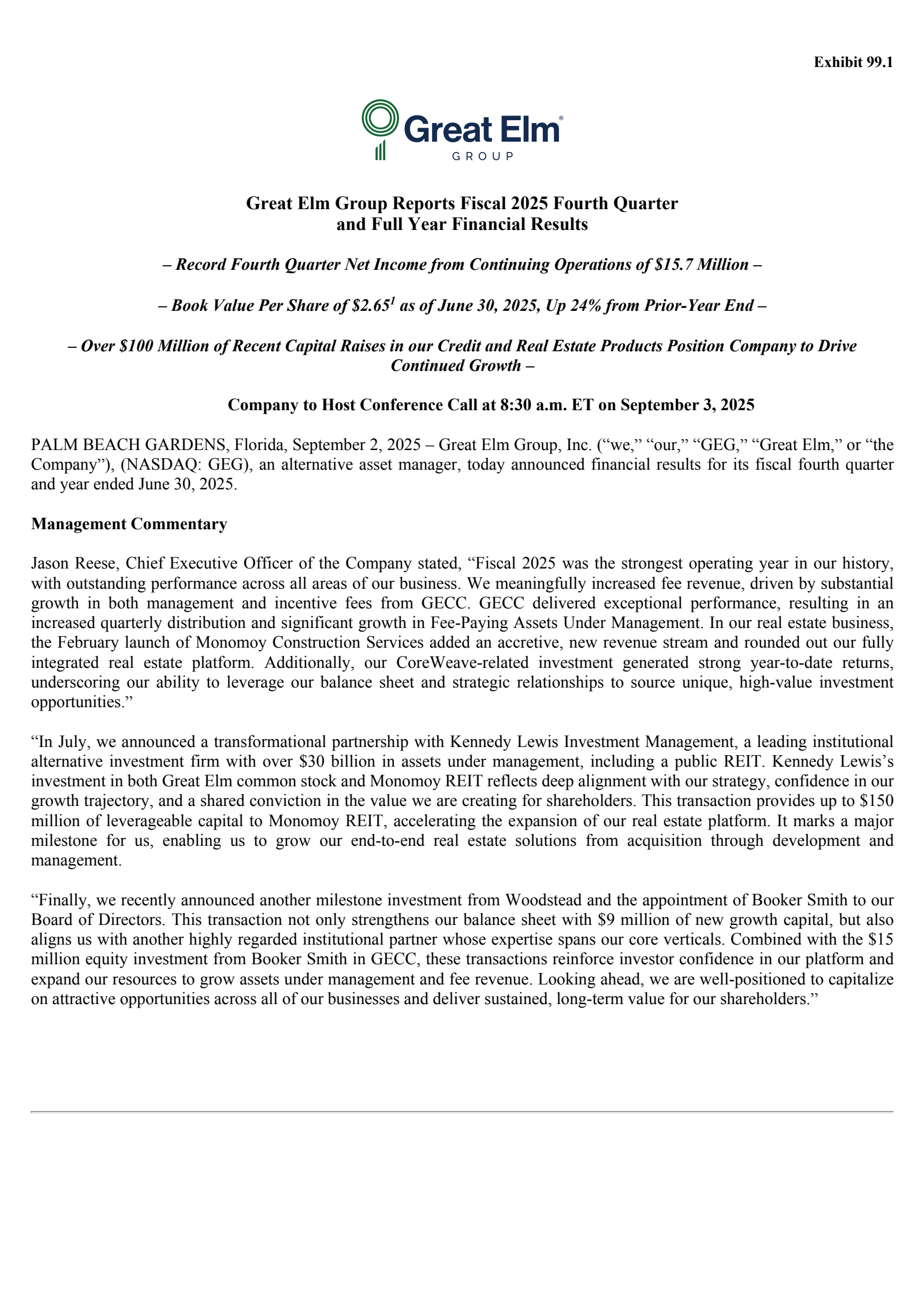 Great Elm Group's Q4 2025 Press Release