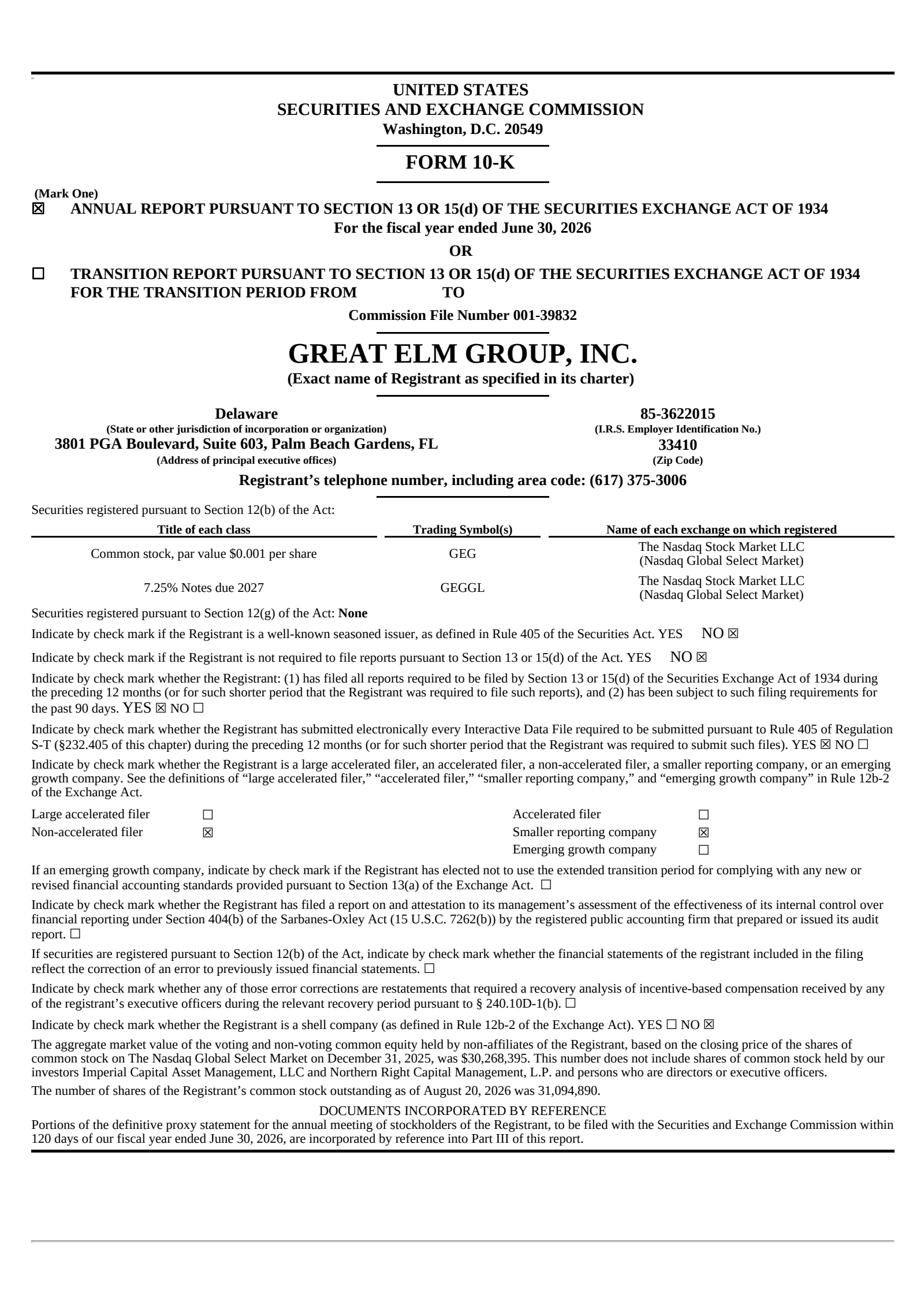 Great Elm Group's Q4 2026 Annual report