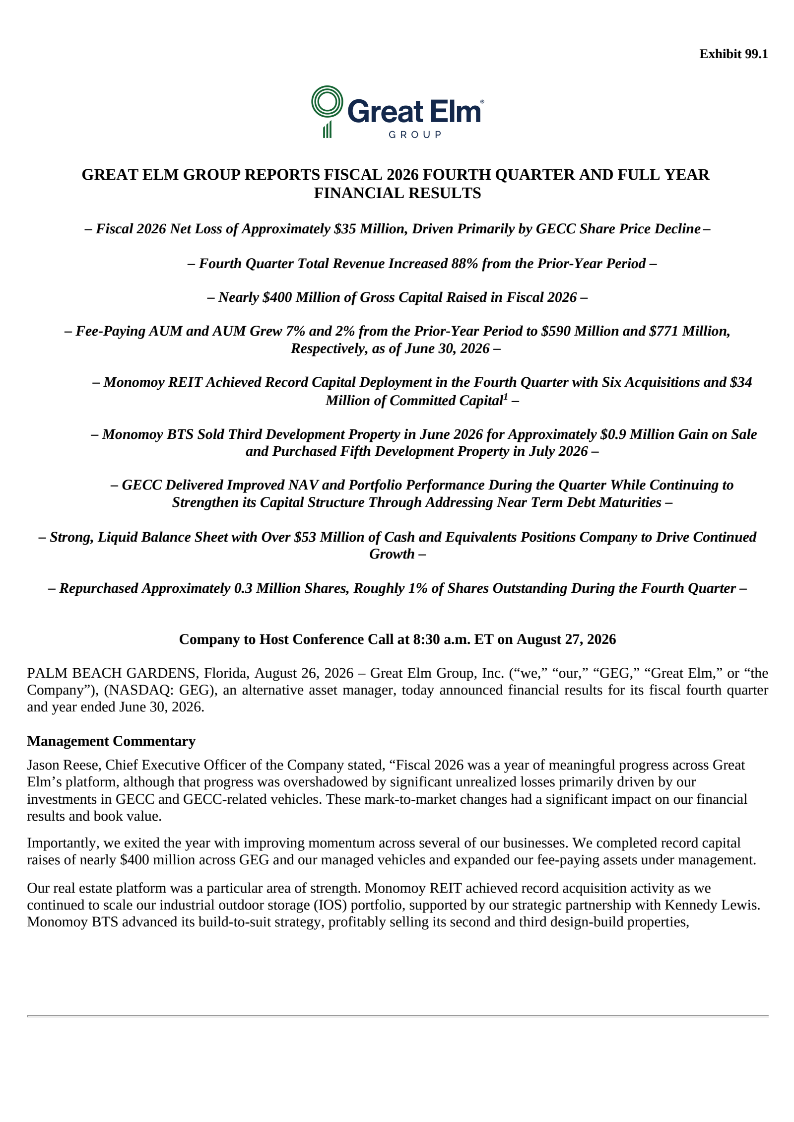 Great Elm Group's Q4 2026 Press Release