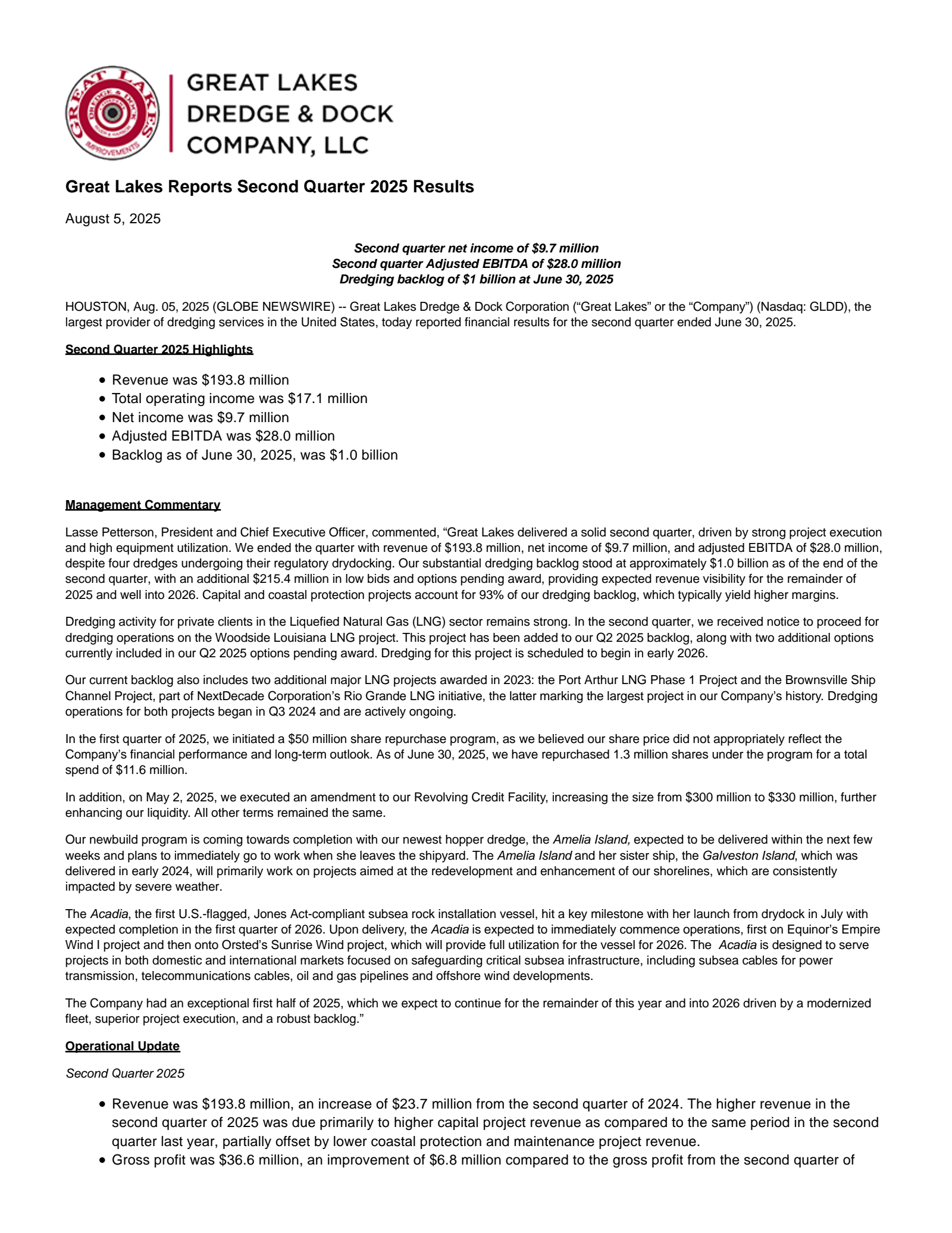 Great Lakes Dredge & Dock's Q2 2025 Press Release