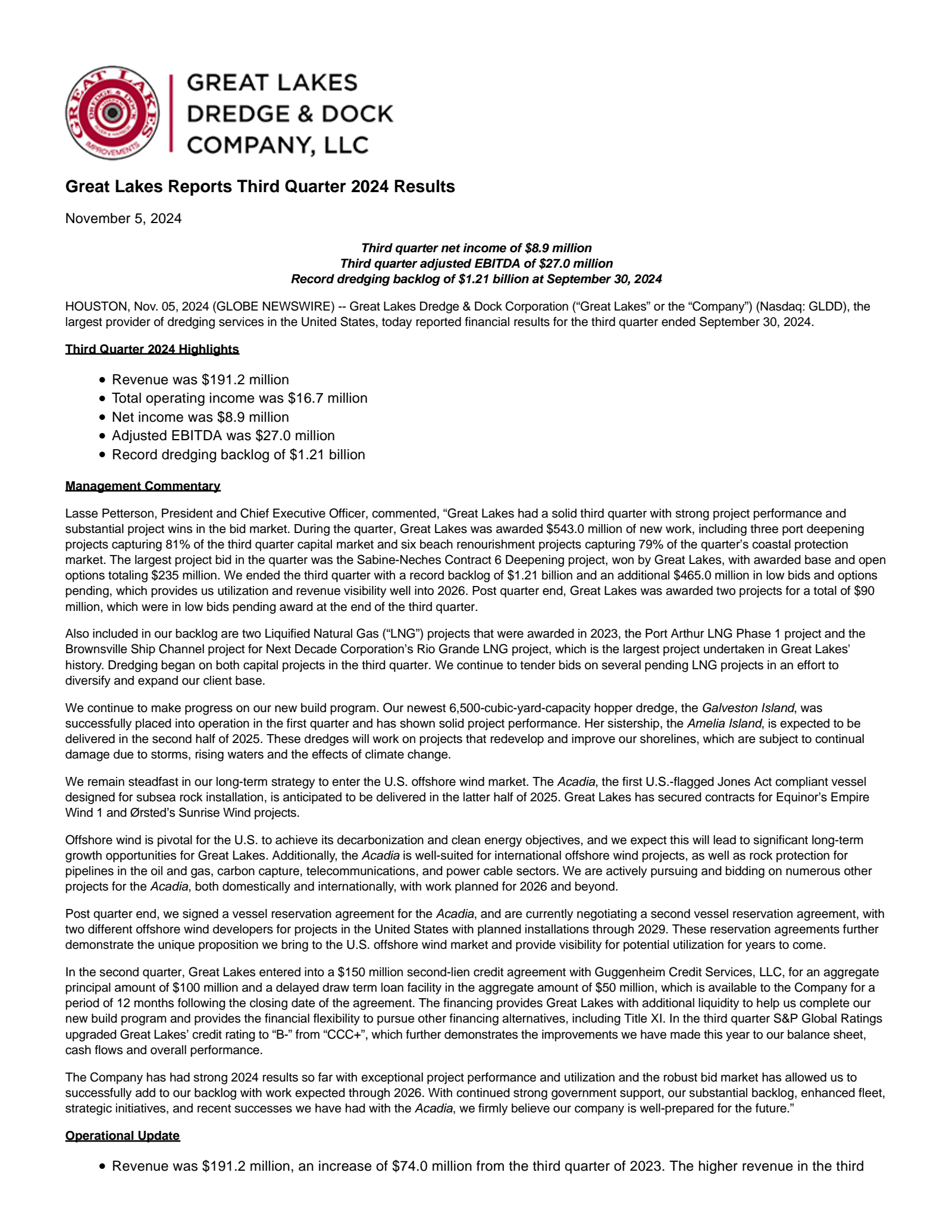 Great Lakes Dredge & Dock's Q3 2024 Press Release