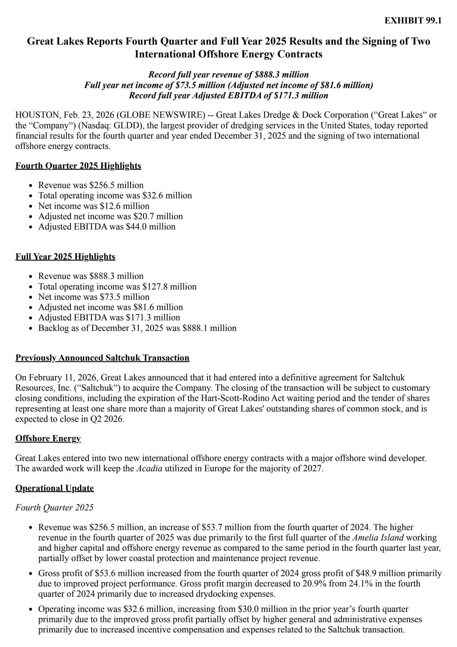 Great Lakes Dredge & Dock's Q4 2025 Press Release