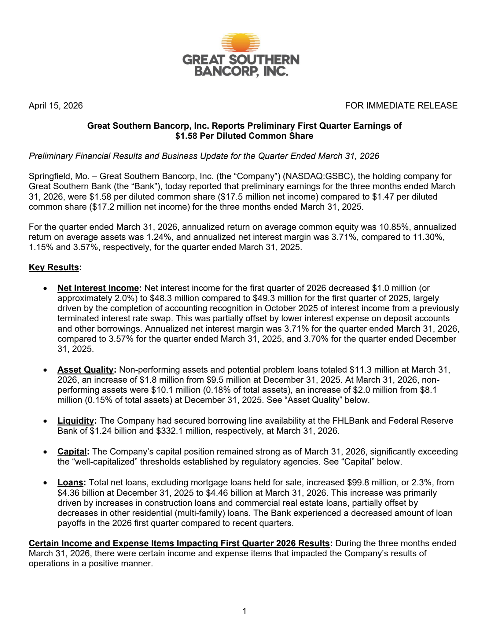 Great Southern Bancorp's Q1 2026 Press Release
