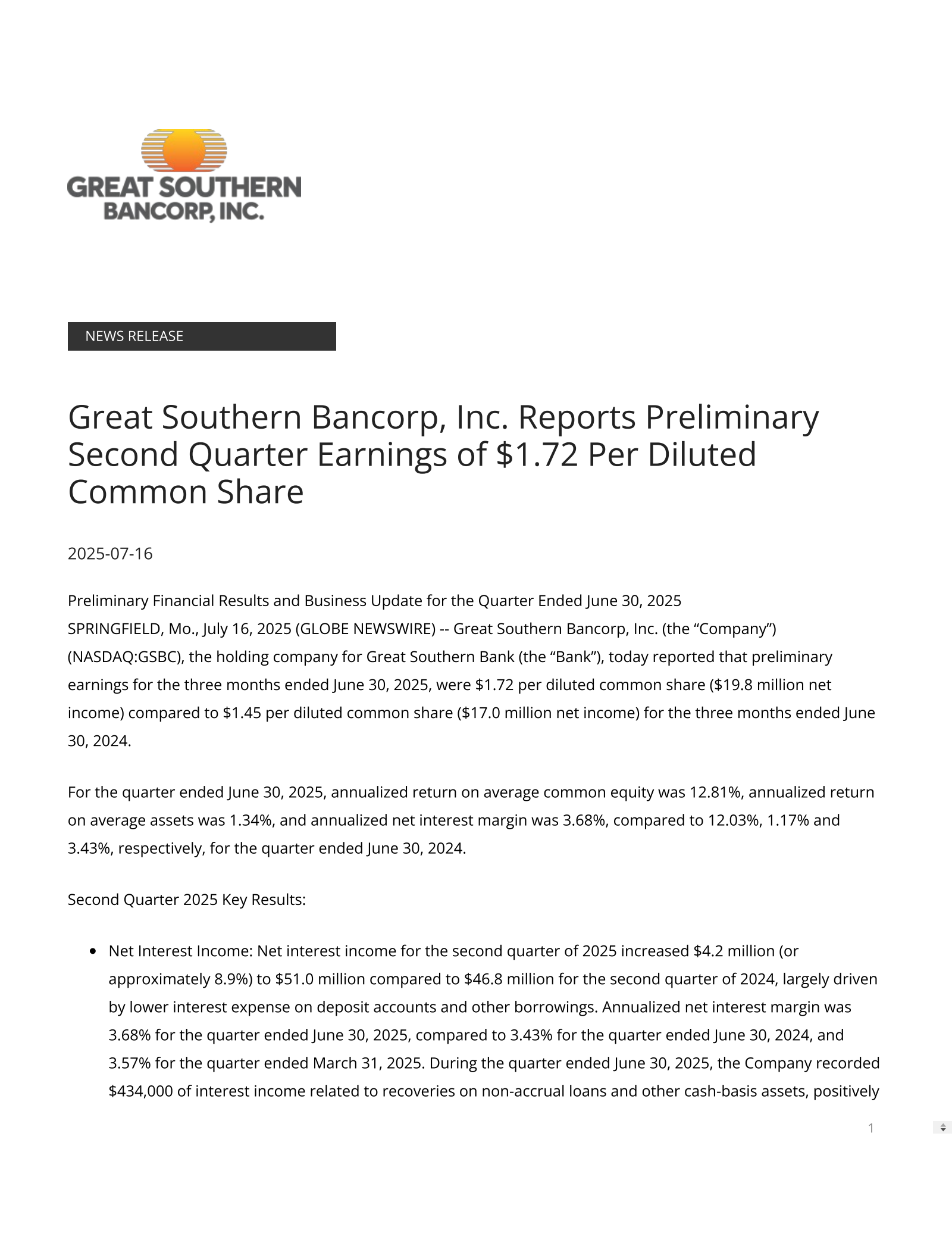 Great Southern Bancorp's Q2 2025 Press Release