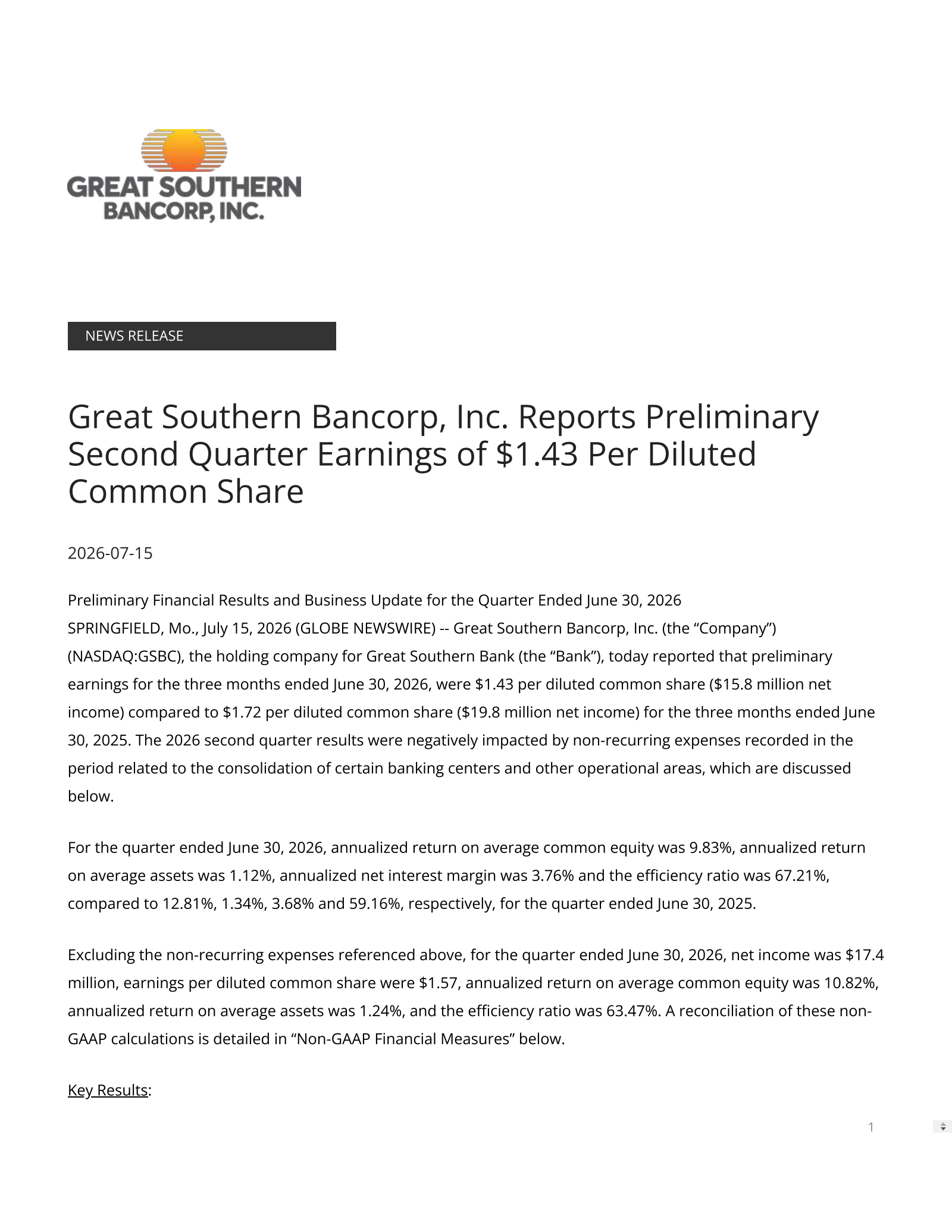 Great Southern Bancorp's Q2 2026 Press Release