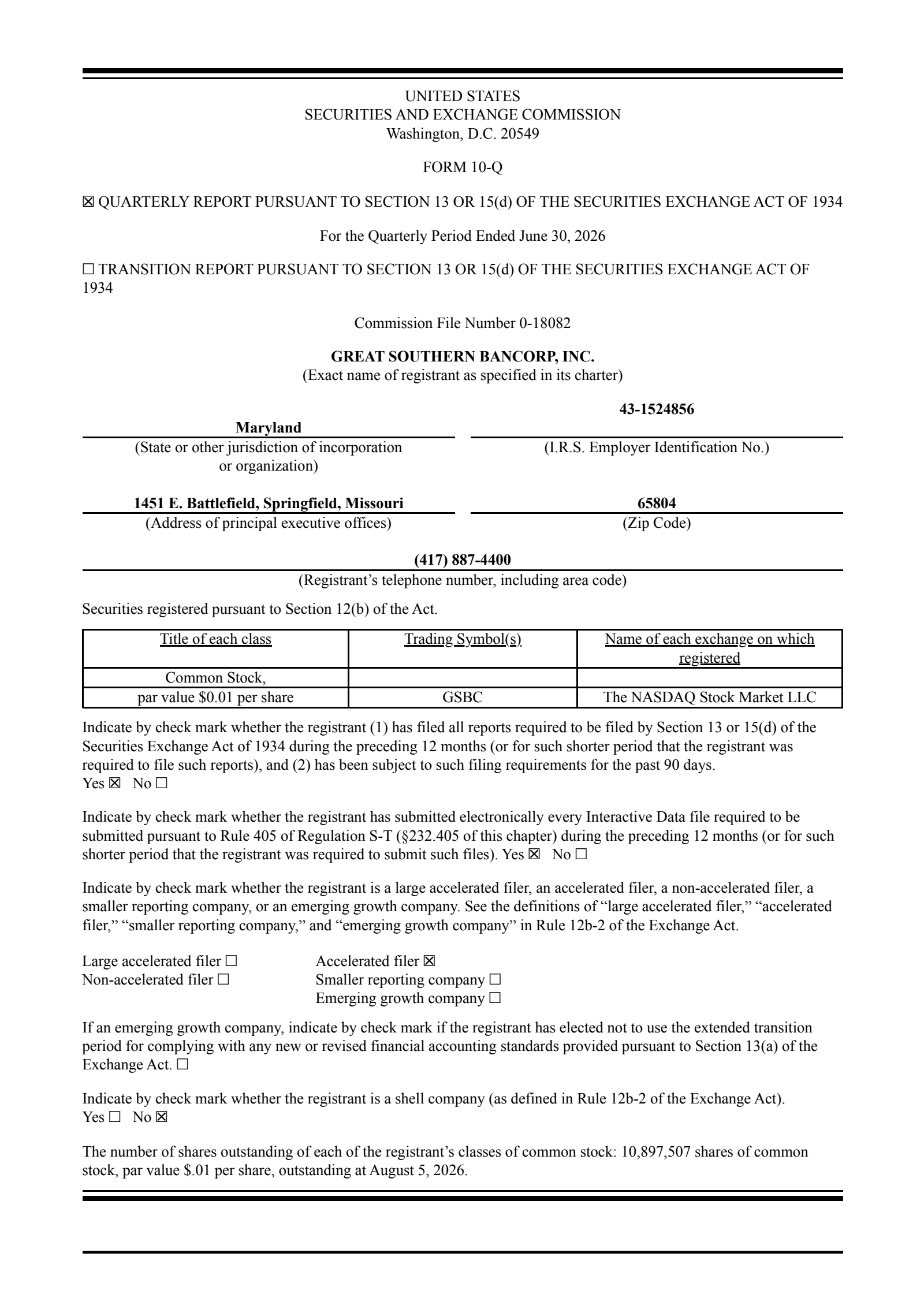 Great Southern Bancorp's Q2 2026 Quarterly report