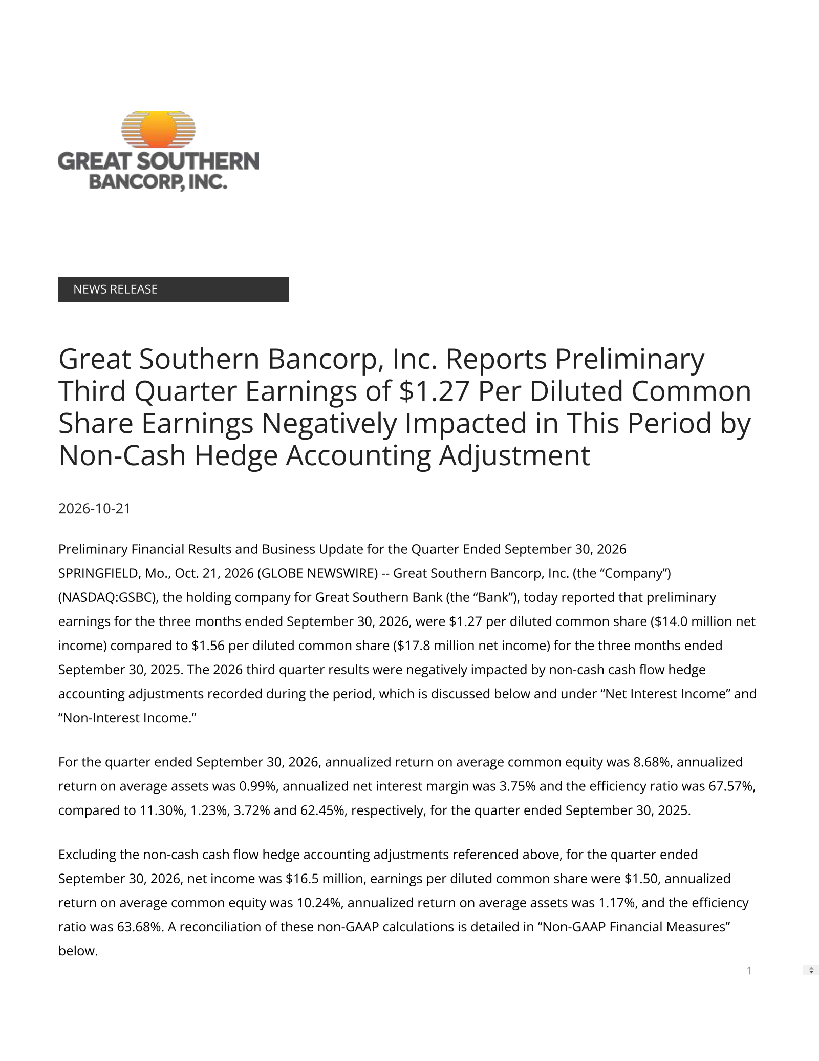 Great Southern Bancorp's Q3 2026 Press Release