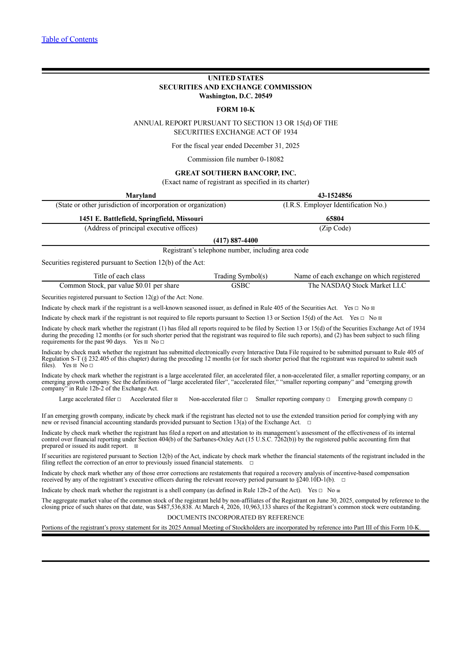 Great Southern Bancorp's Q4 2025 Annual report
