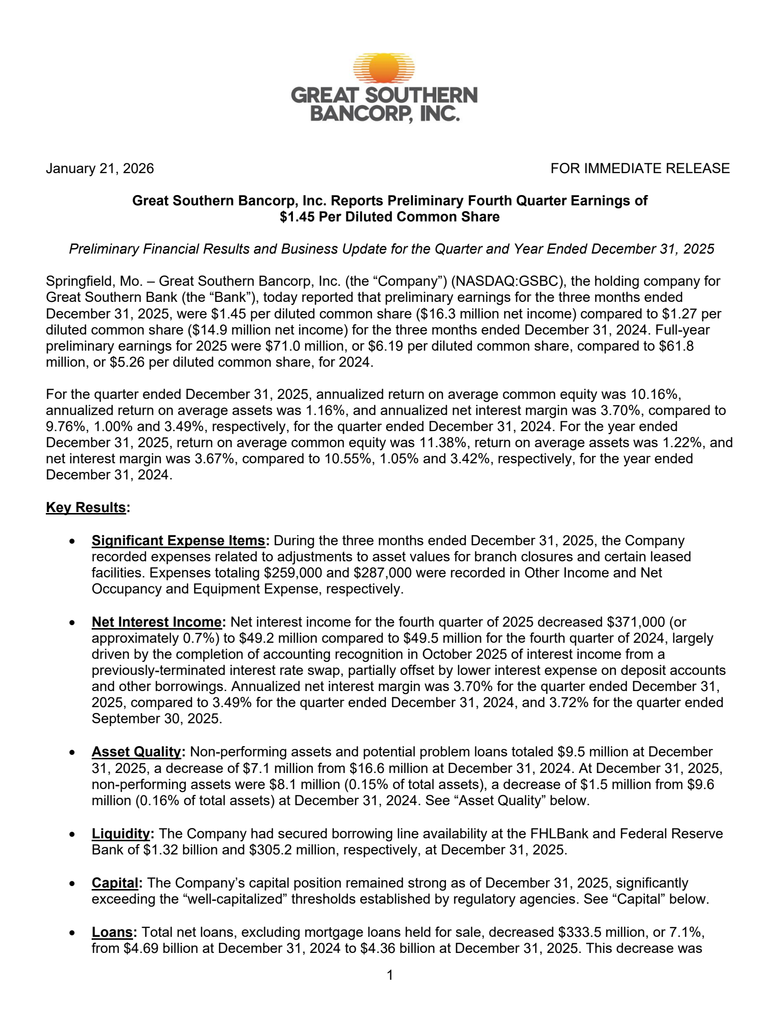 Great Southern Bancorp's Q4 2025 Press Release