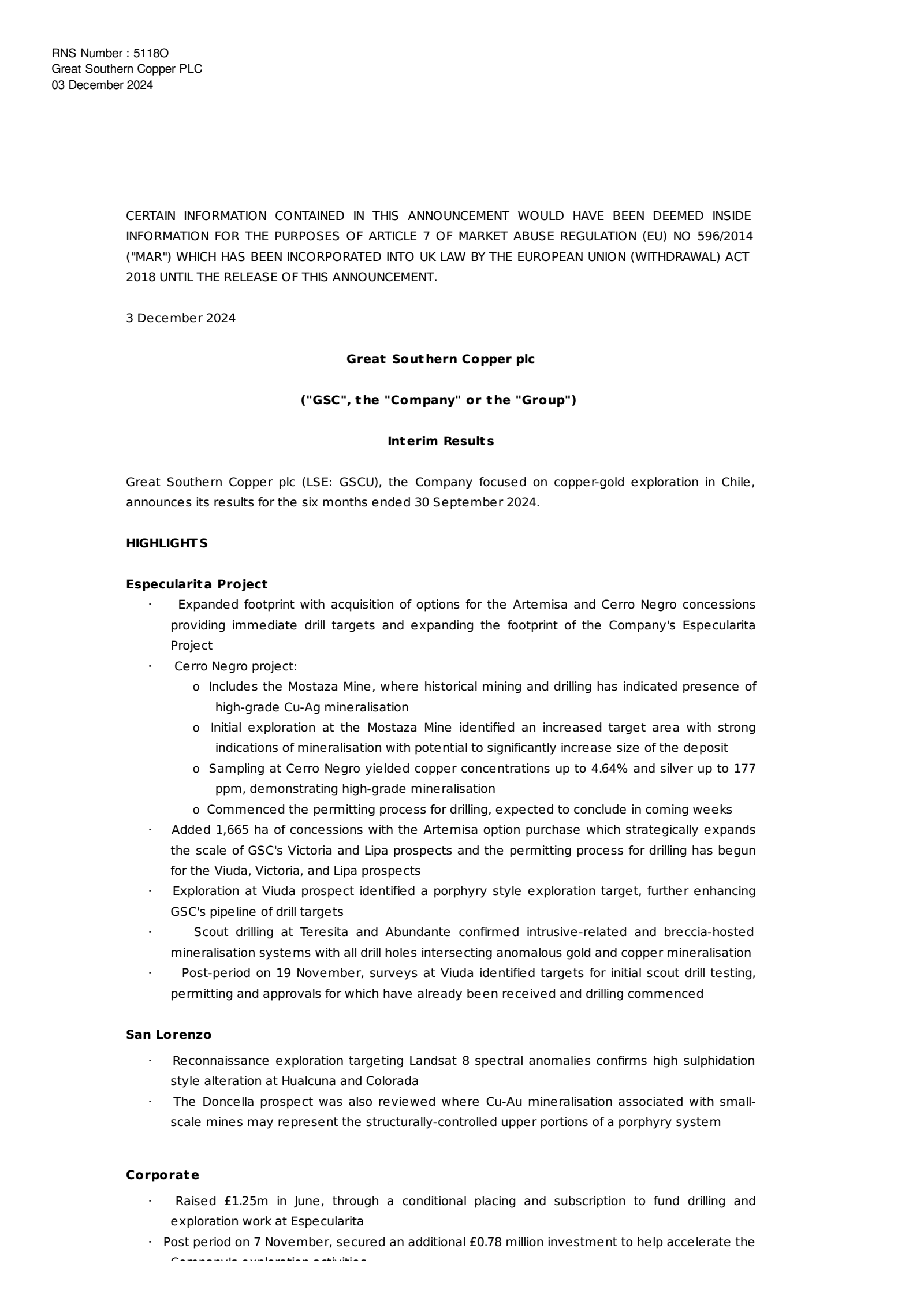 Great Southern Copper's H1 2025 Interim report