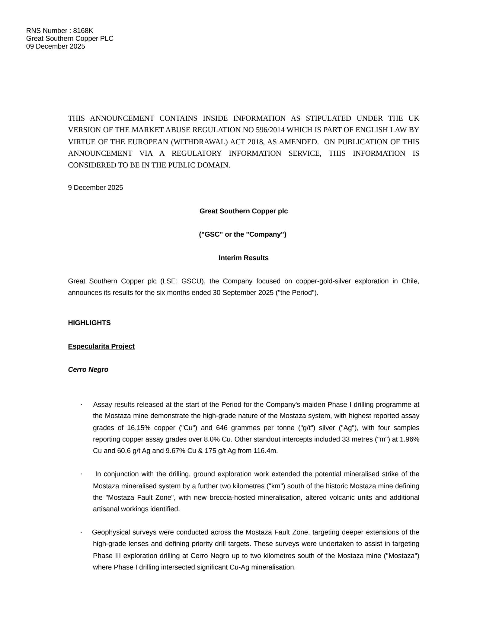 Great Southern Copper's H1 2026 Interim report
