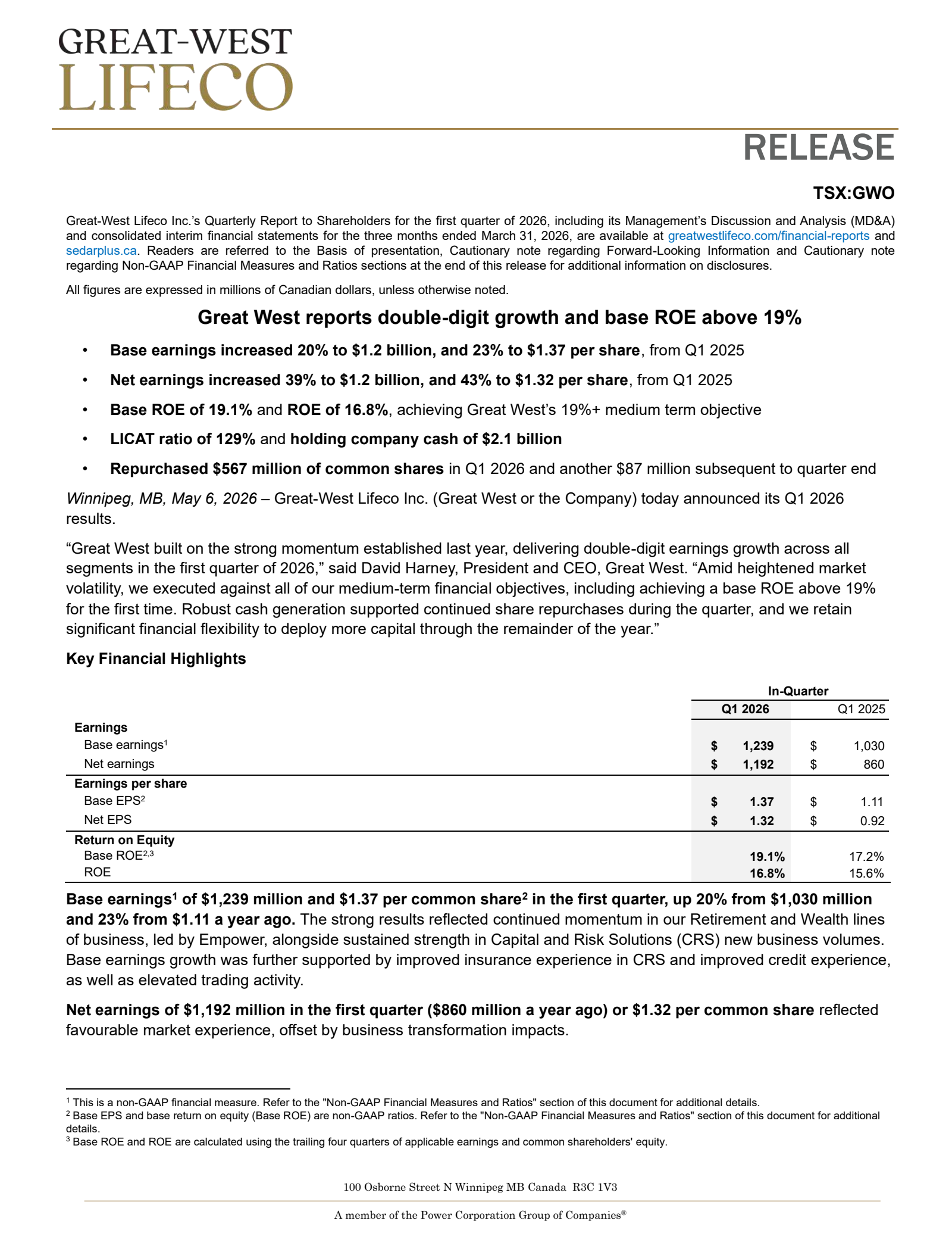 Great-West Lifeco's Q1 2026 Press Release