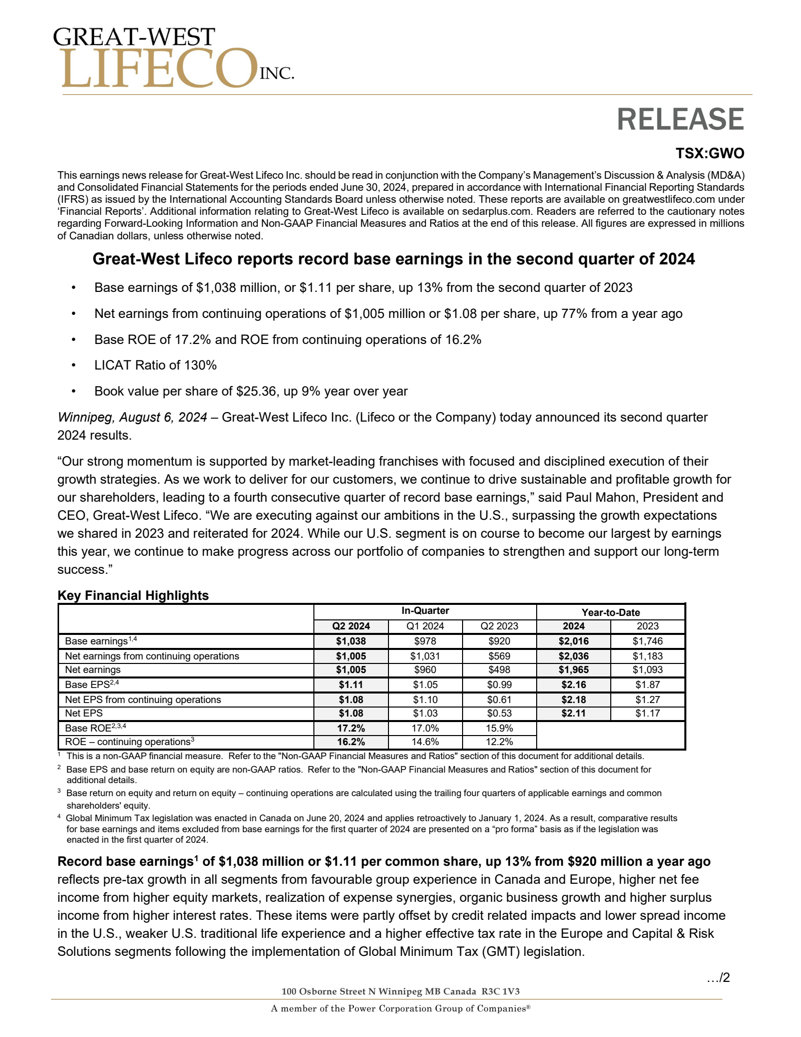 Great-West Lifeco's Q2 2024 Interim report