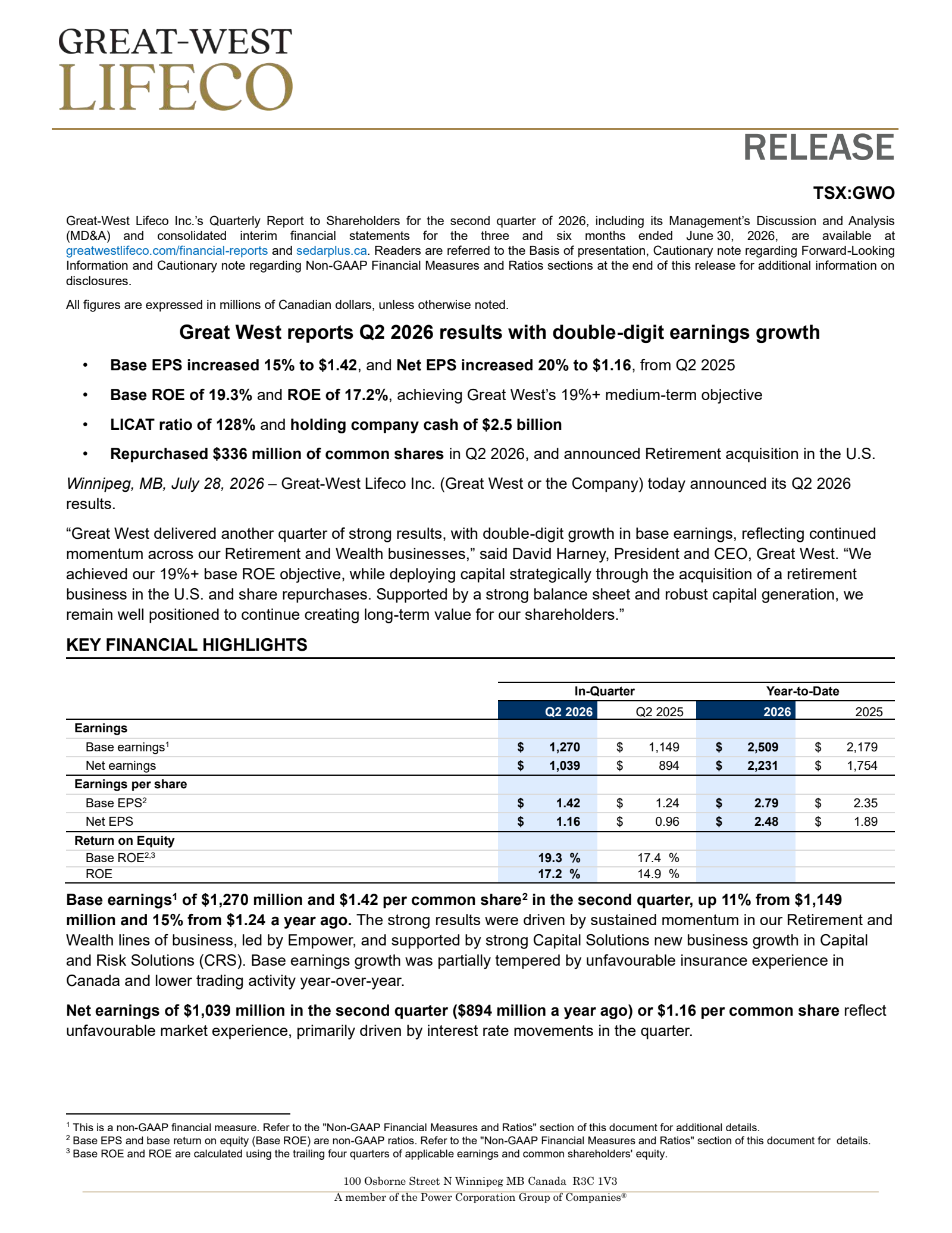 Great-West Lifeco's Q2 2026 Press Release