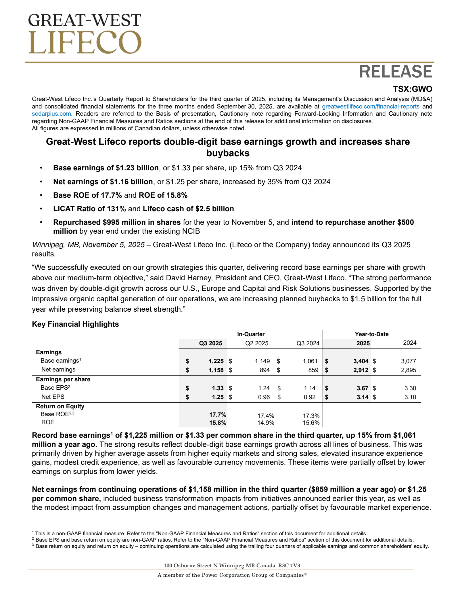 Great-West Lifeco's Q3 2025 Press Release