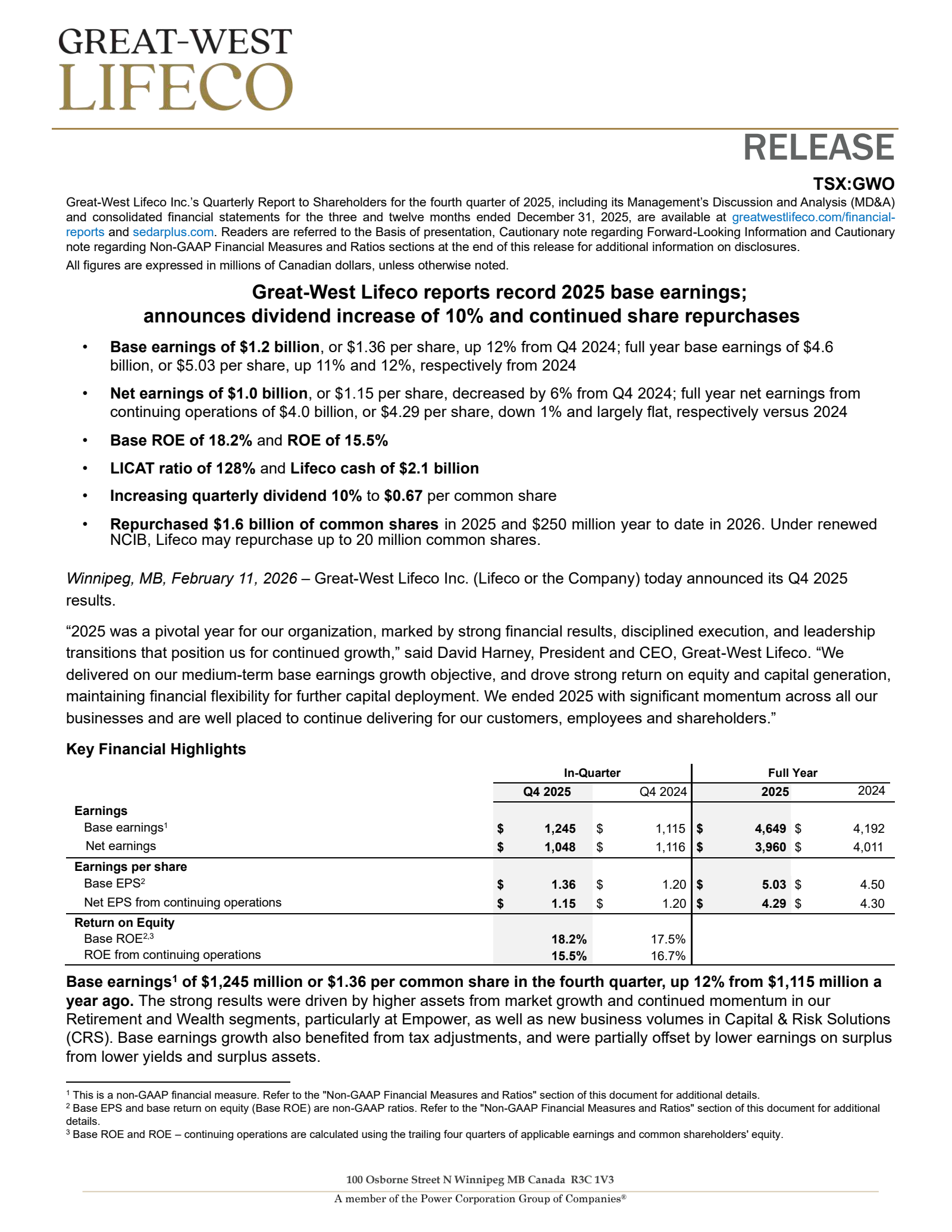 Great-West Lifeco's Q4 2025 Press Release