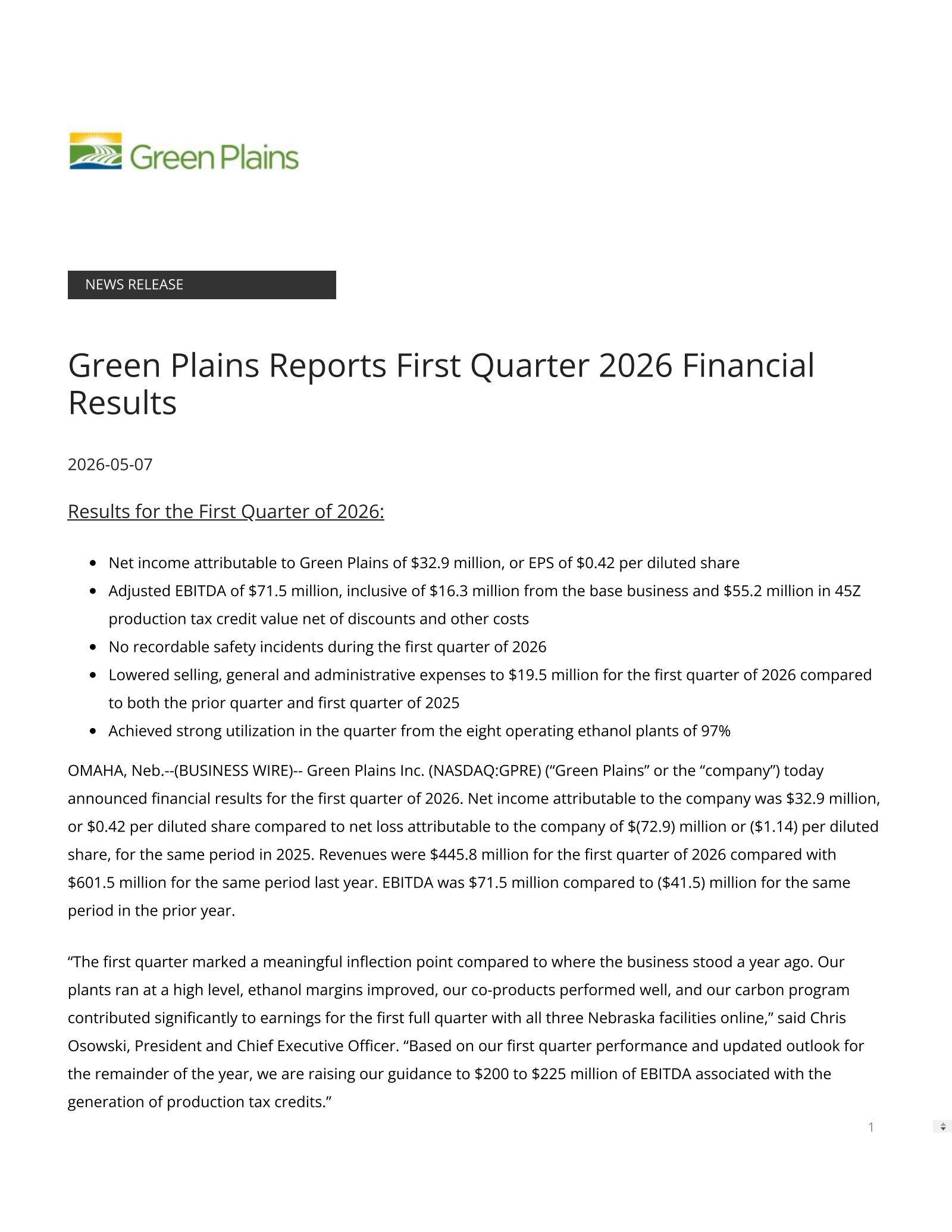Green Plains' Q1 2026 Press Release