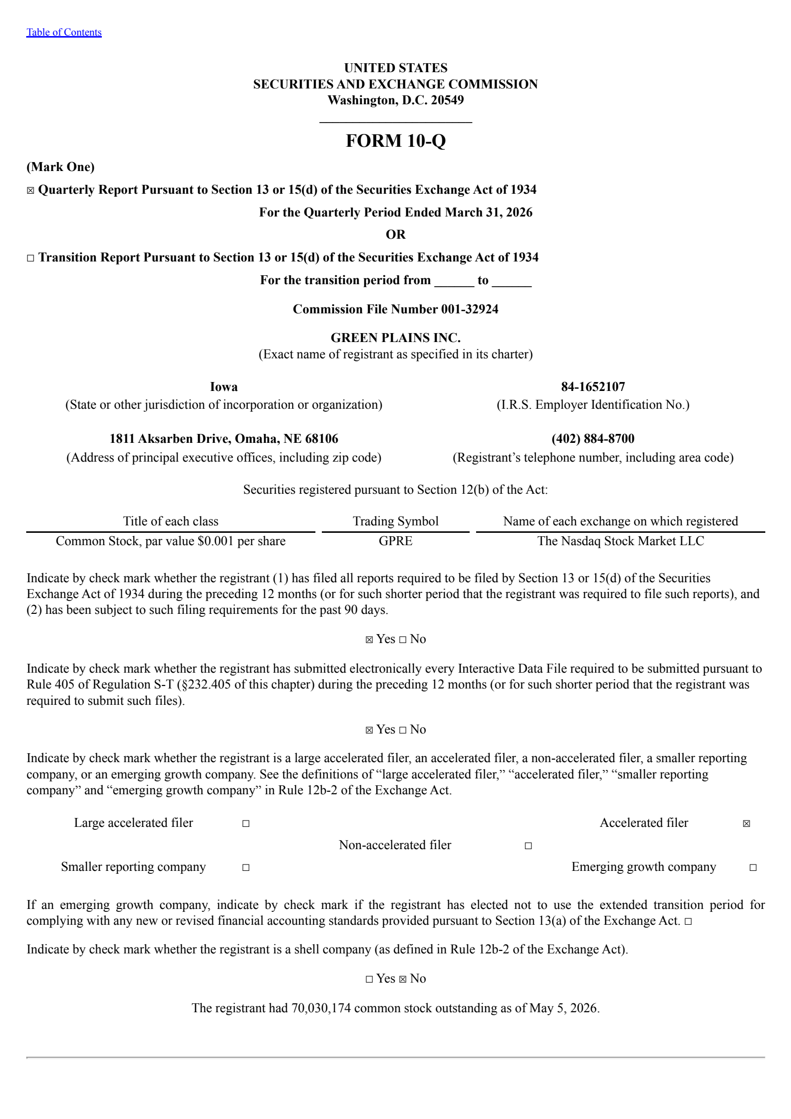 Green Plains' Q1 2026 Quarterly report