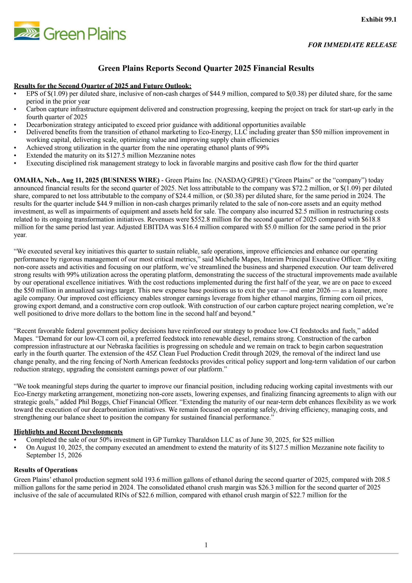 Green Plains' Q2 2025 Press Release