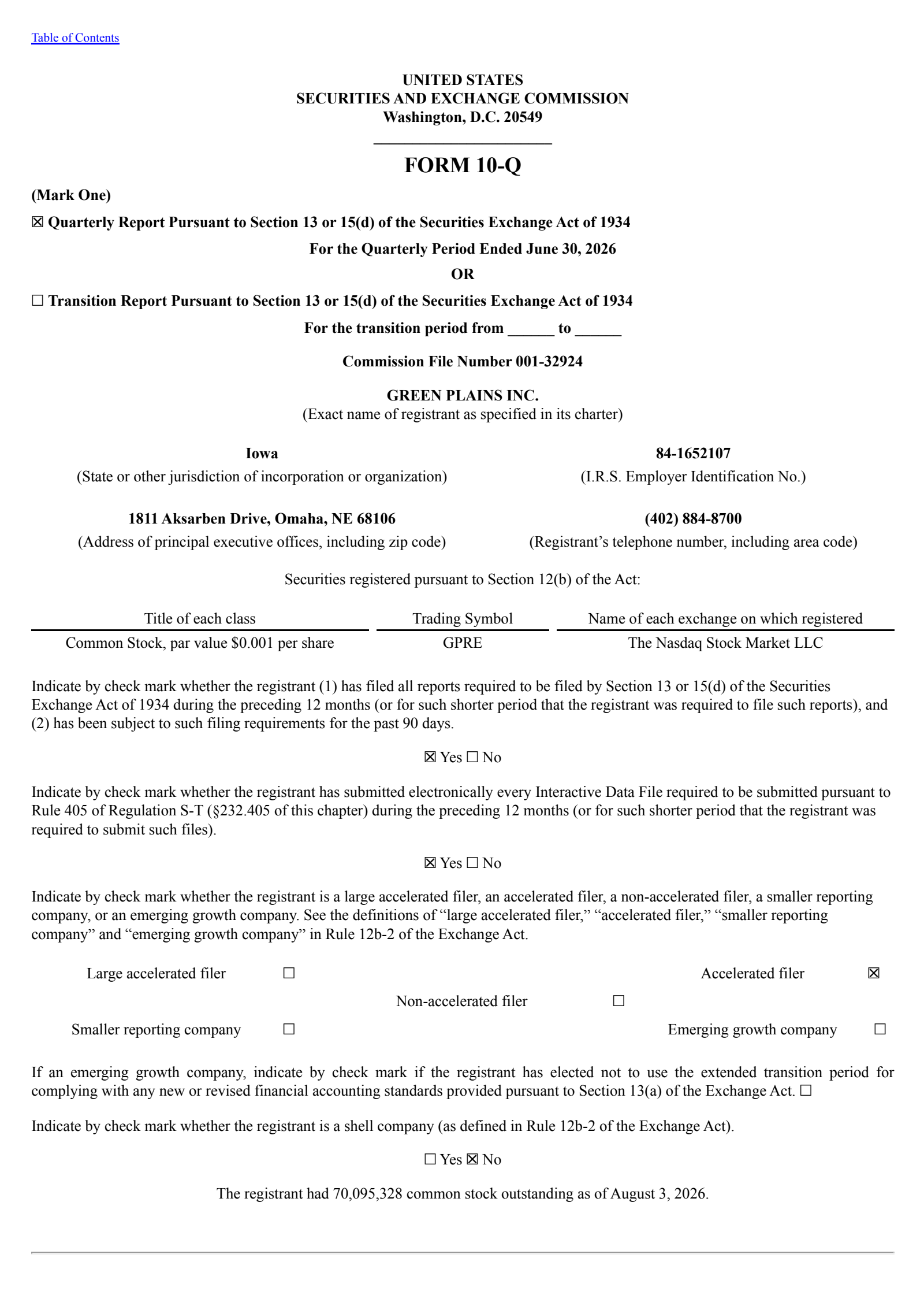 Green Plains' Q2 2026 Quarterly report