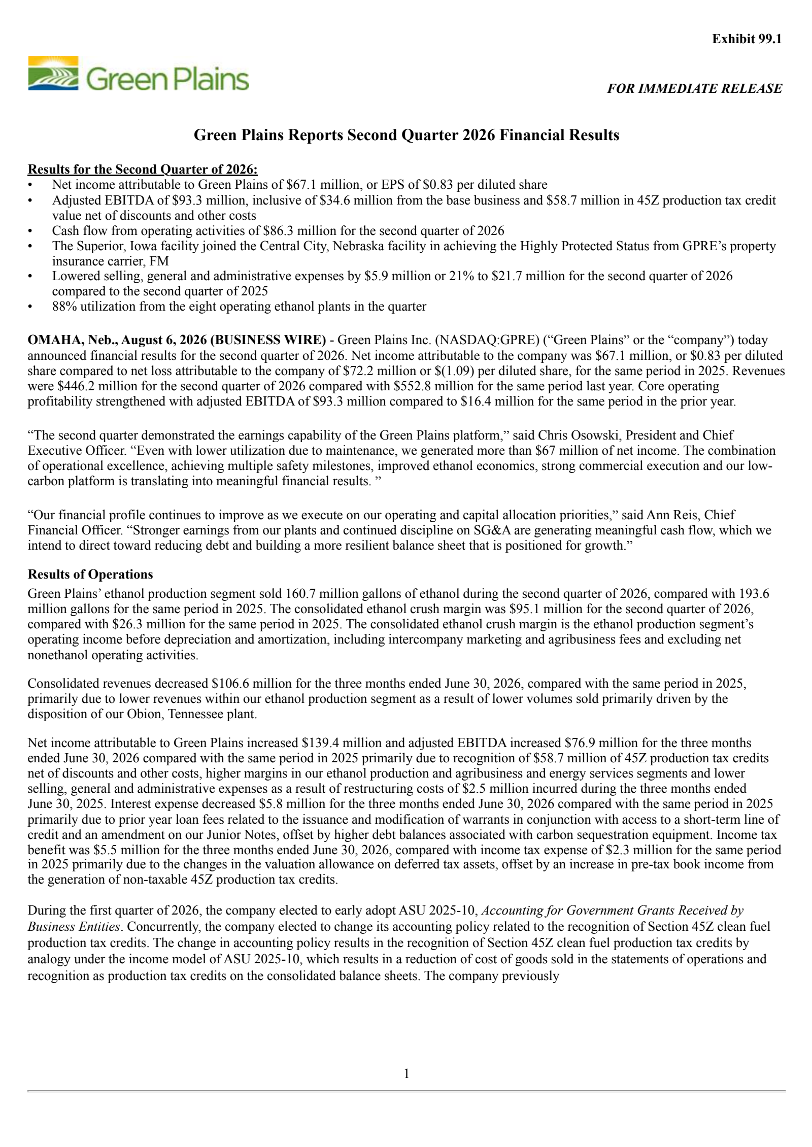 Green Plains' Q2 2026 Press Release