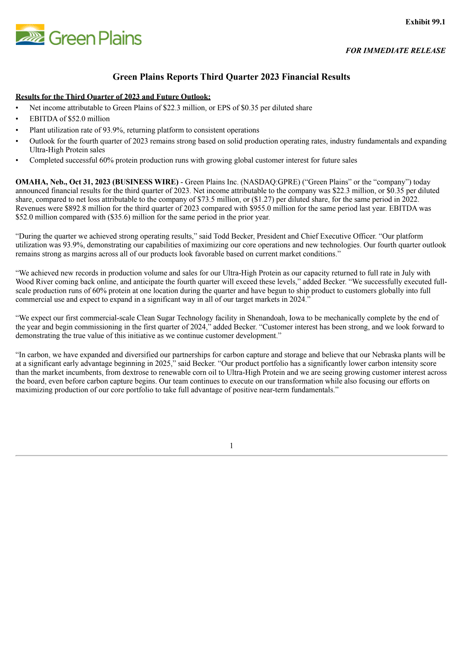 Green Plains' Q3 2023 Press Release