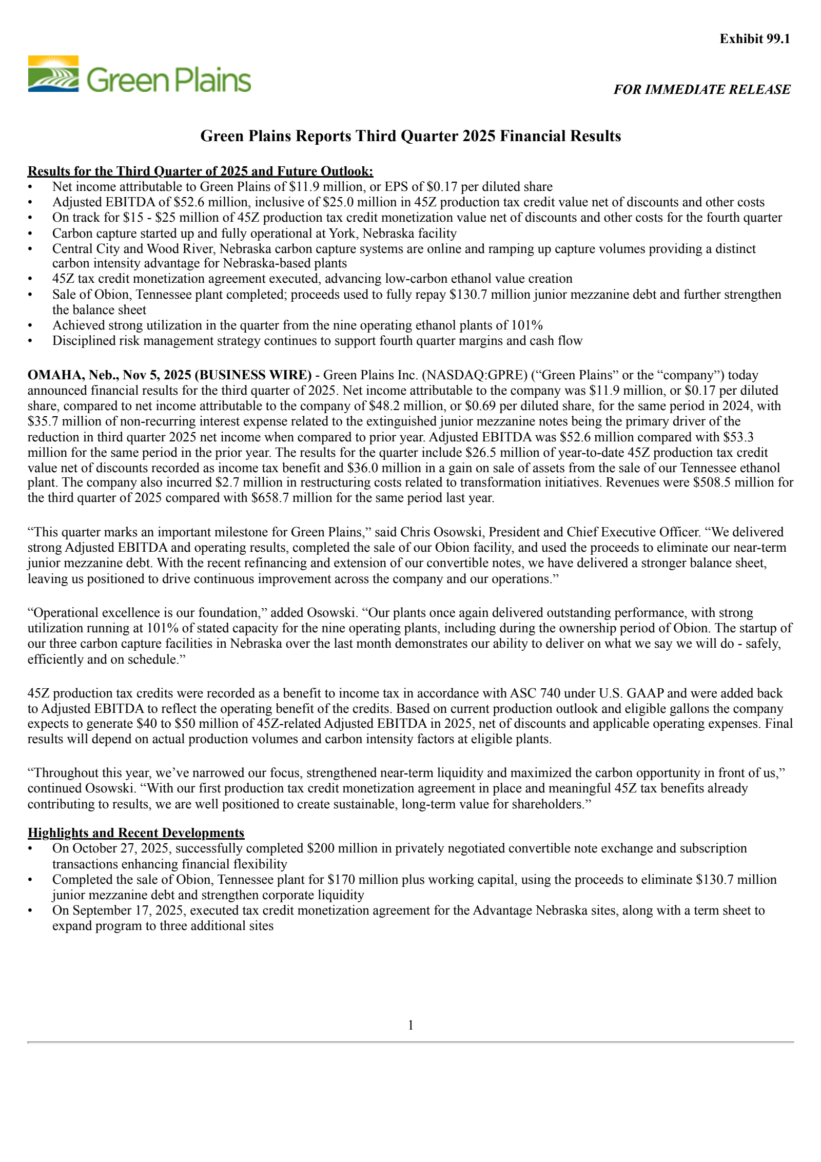 Green Plains' Q3 2025 Earnings Release