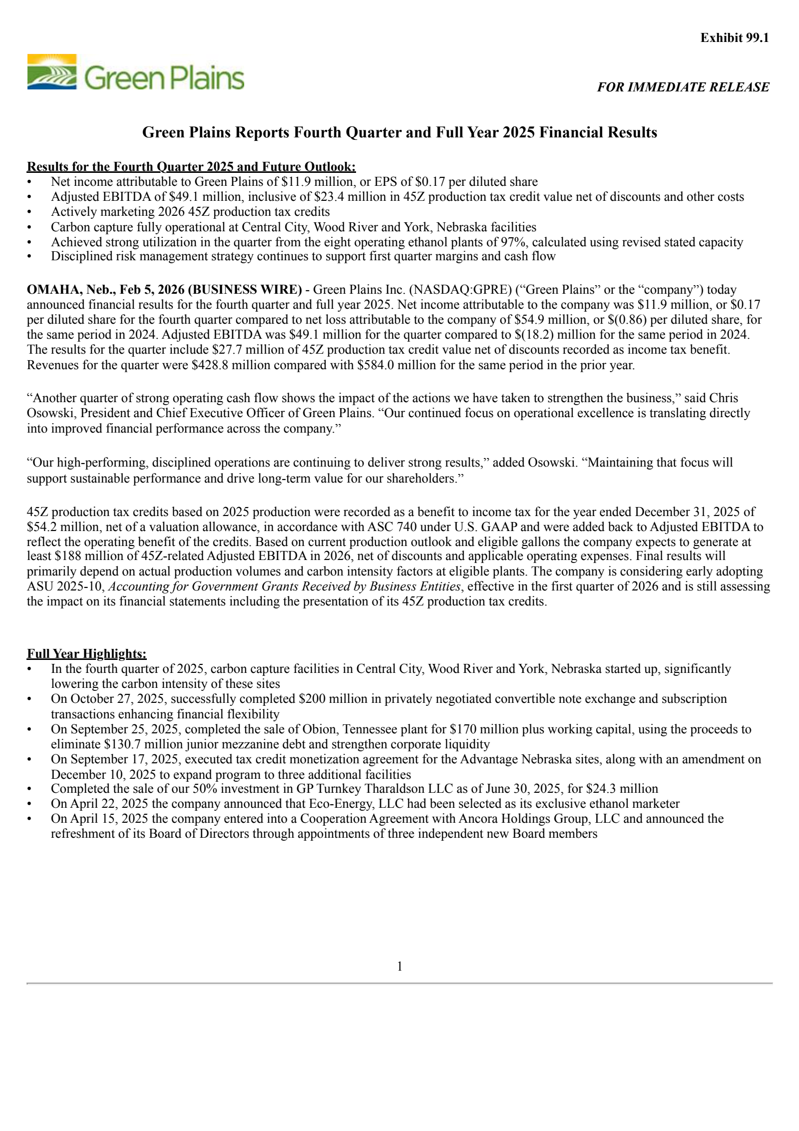 Green Plains' Q4 2025 Press Release