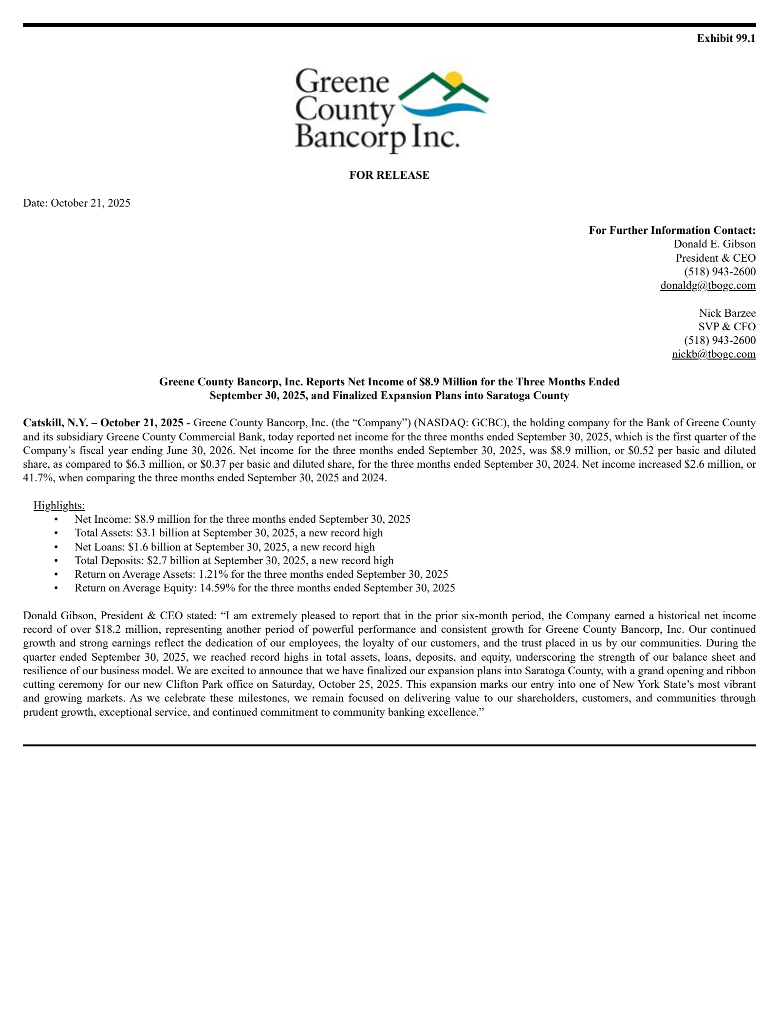 Greene County Bancorp's Q1 2026 Earnings Release