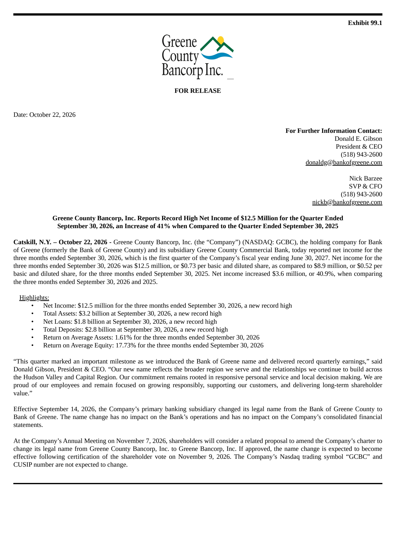 Greene County Bancorp's Q1 2027 Press Release