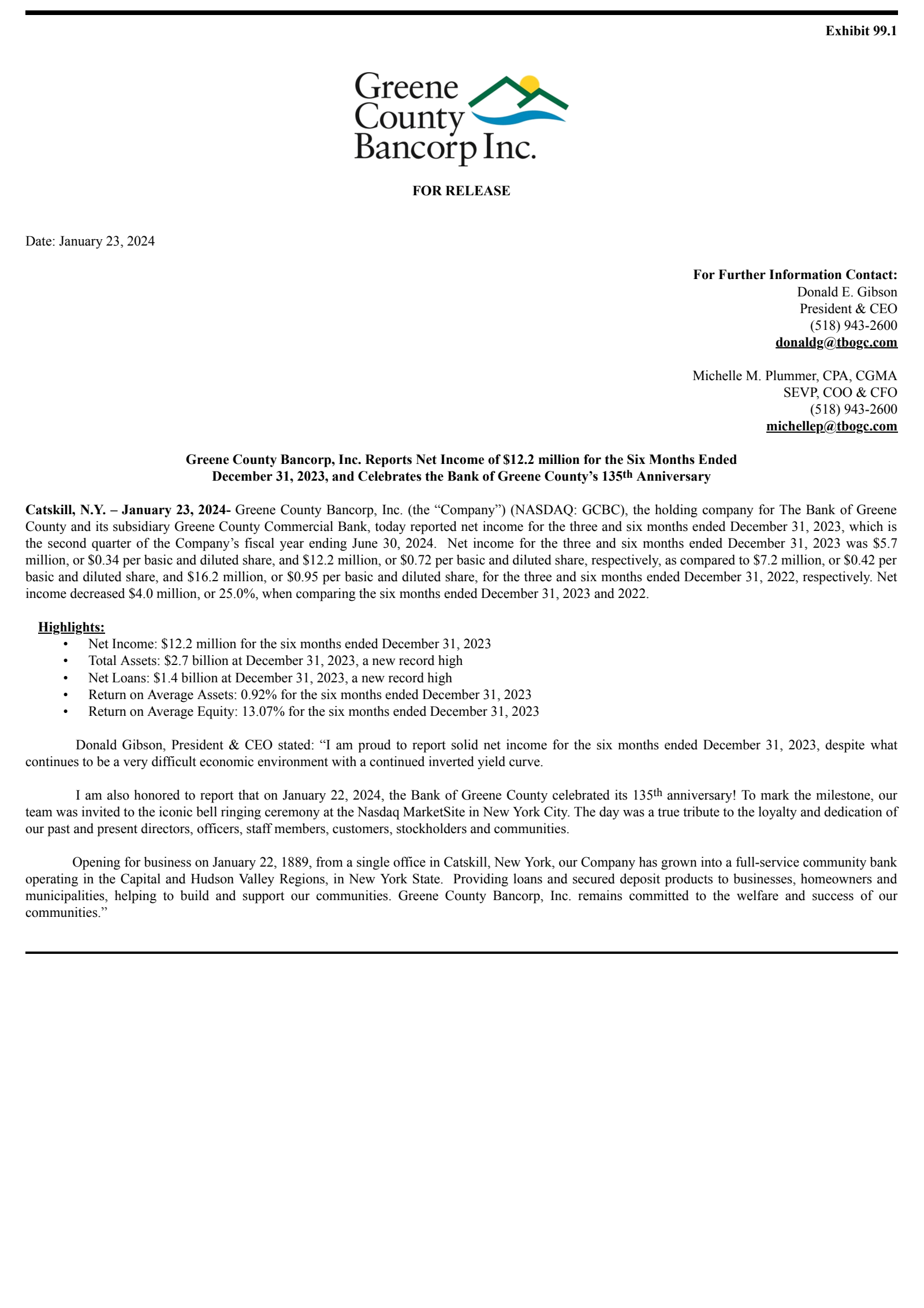 Greene County Bancorp's Q2 2024 Press Release