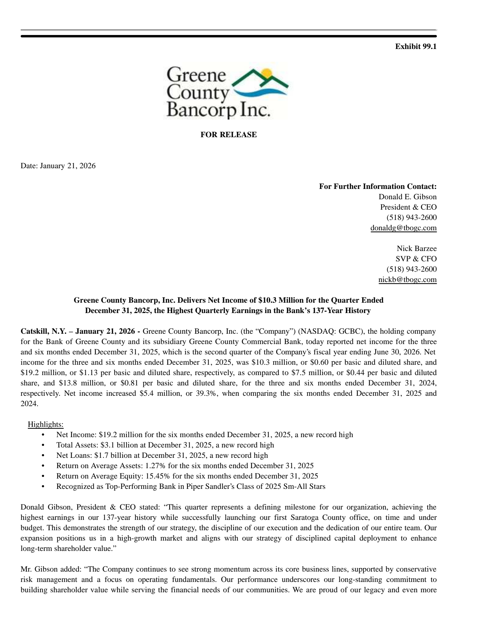 Greene County Bancorp's Q2 2026 Press Release