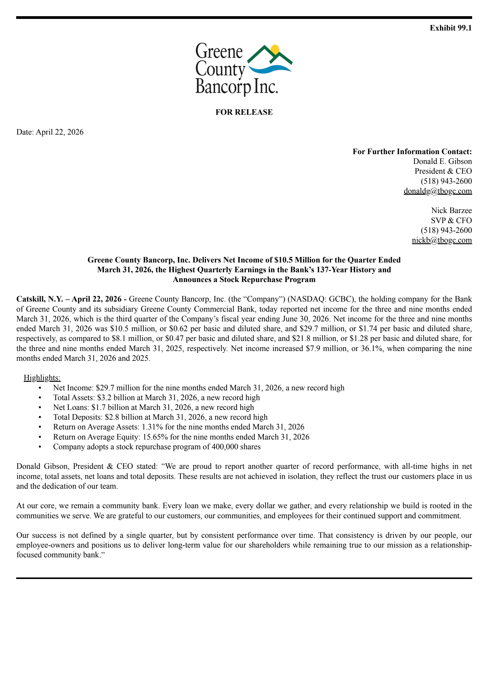 Greene County Bancorp's Q3 2026 Press Release