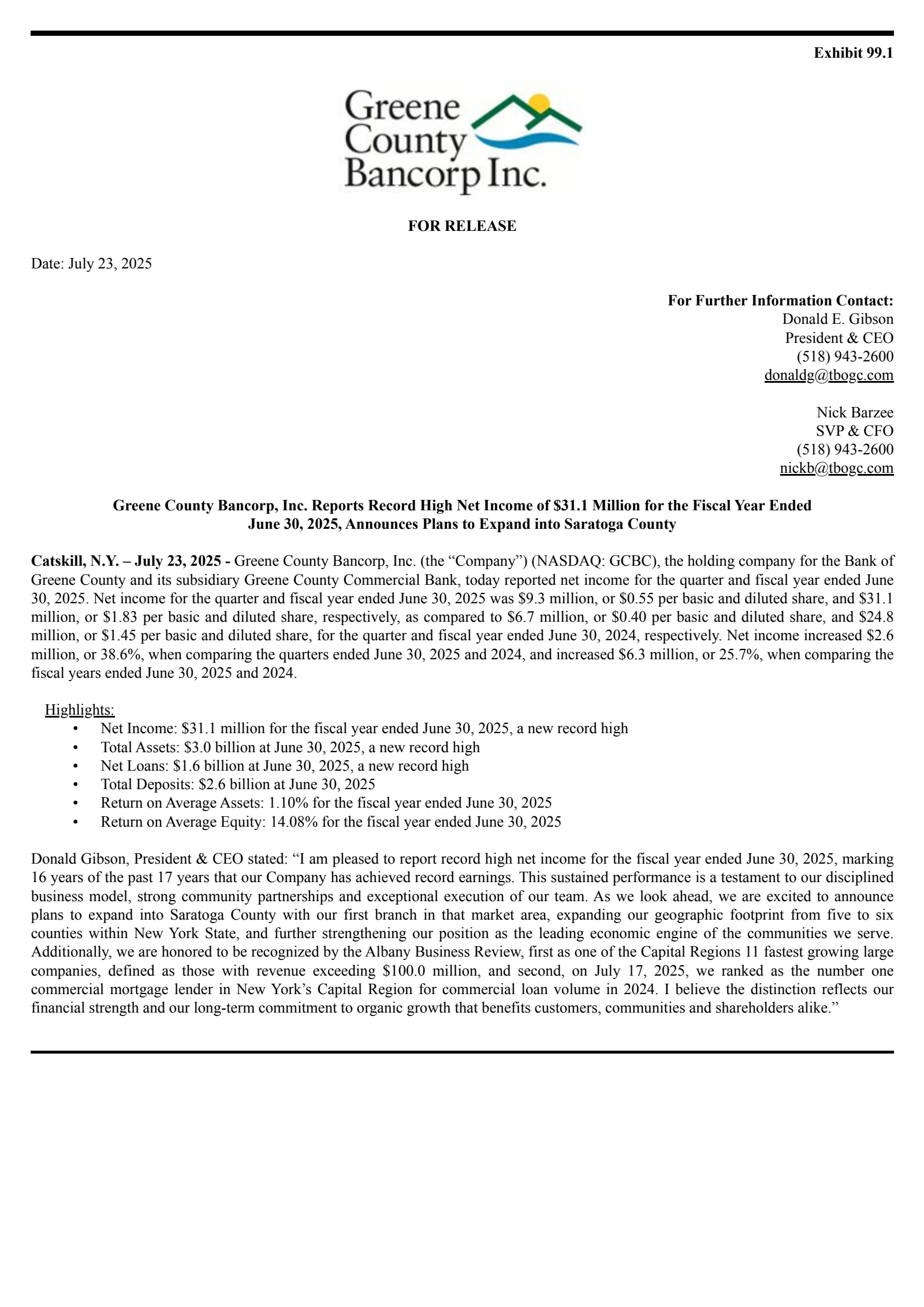 Greene County Bancorp's Q4 2025 Press Release