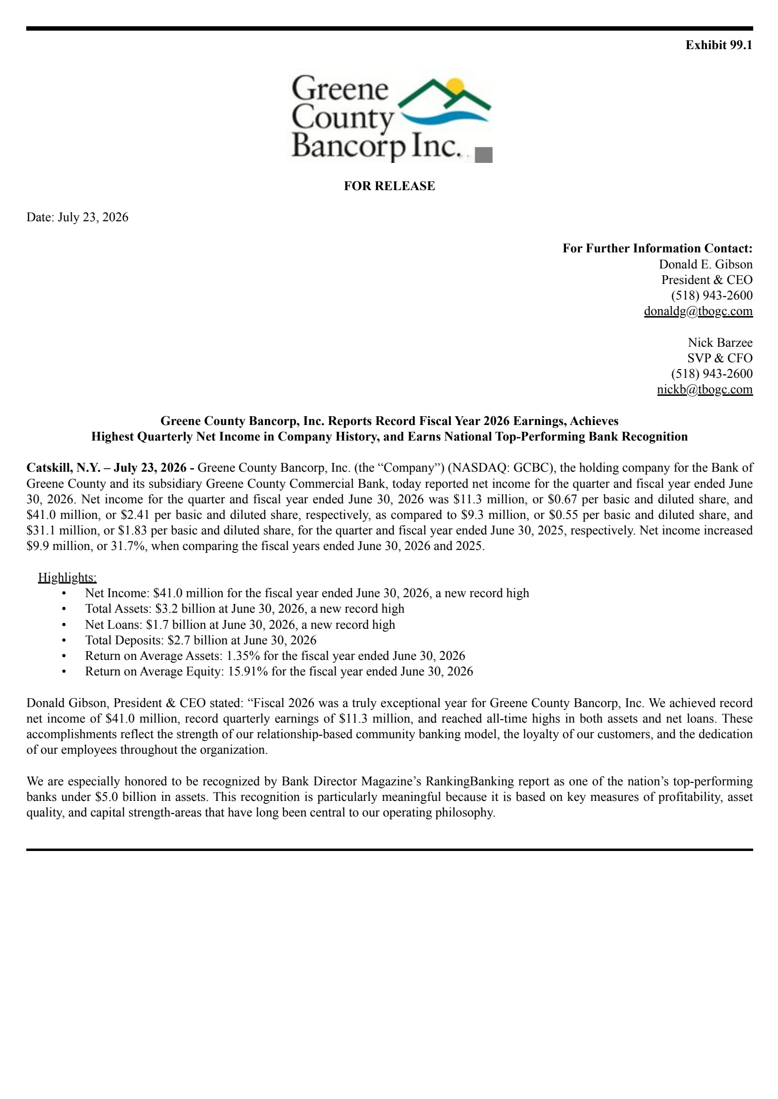 Greene County Bancorp's Q4 2026 Press Release