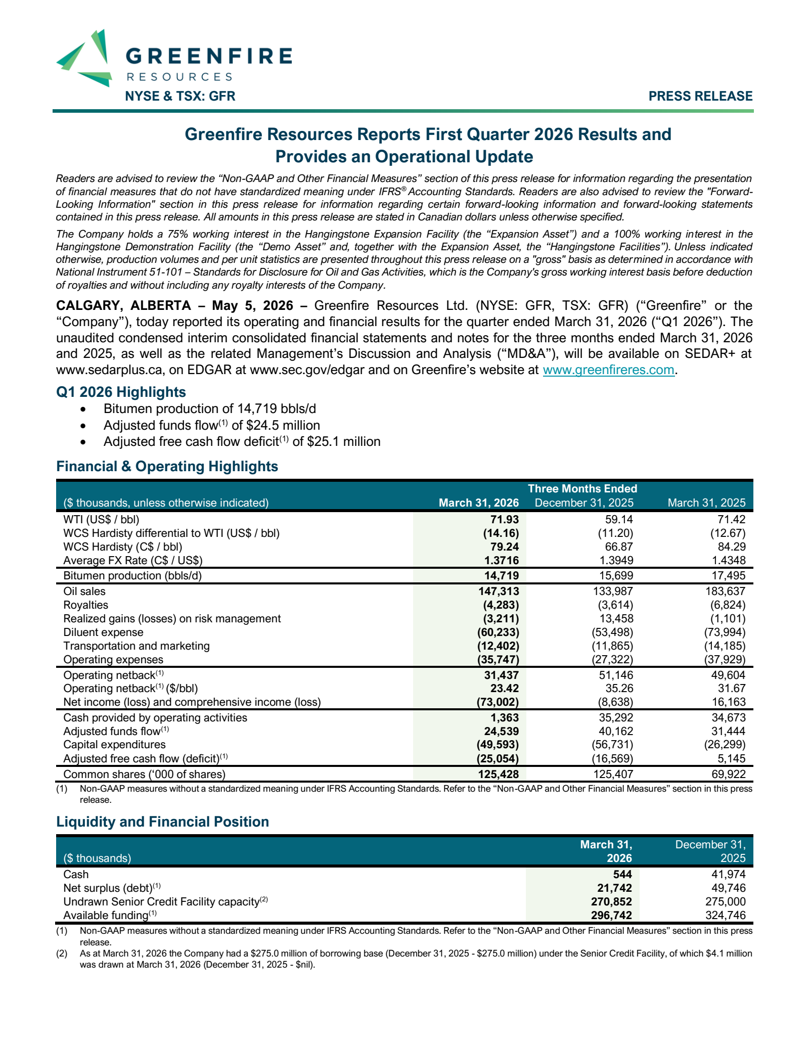 Greenfire Resources' Q1 2026 Press Release